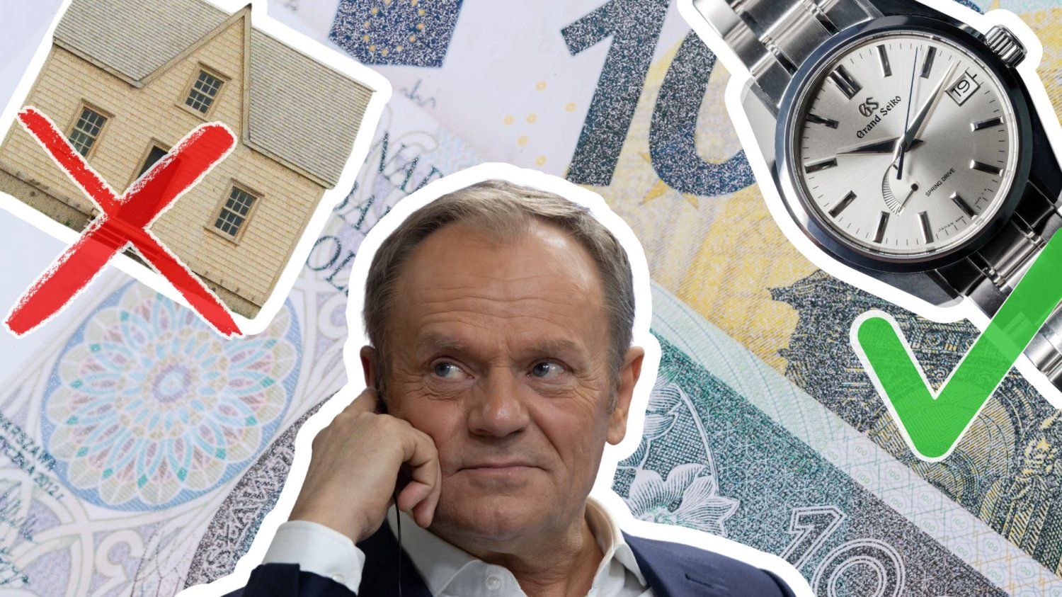 Oto majątek Donalda Tuska. Potężne emerytury, luksusowy zegarek, ale mieszkania brak Donald Tusk na tle banknotów polskich i euro, dom i zegarek. Majątek Tuska za 2025 rok. Trzy emerytury, zegarek i zero mieszkań