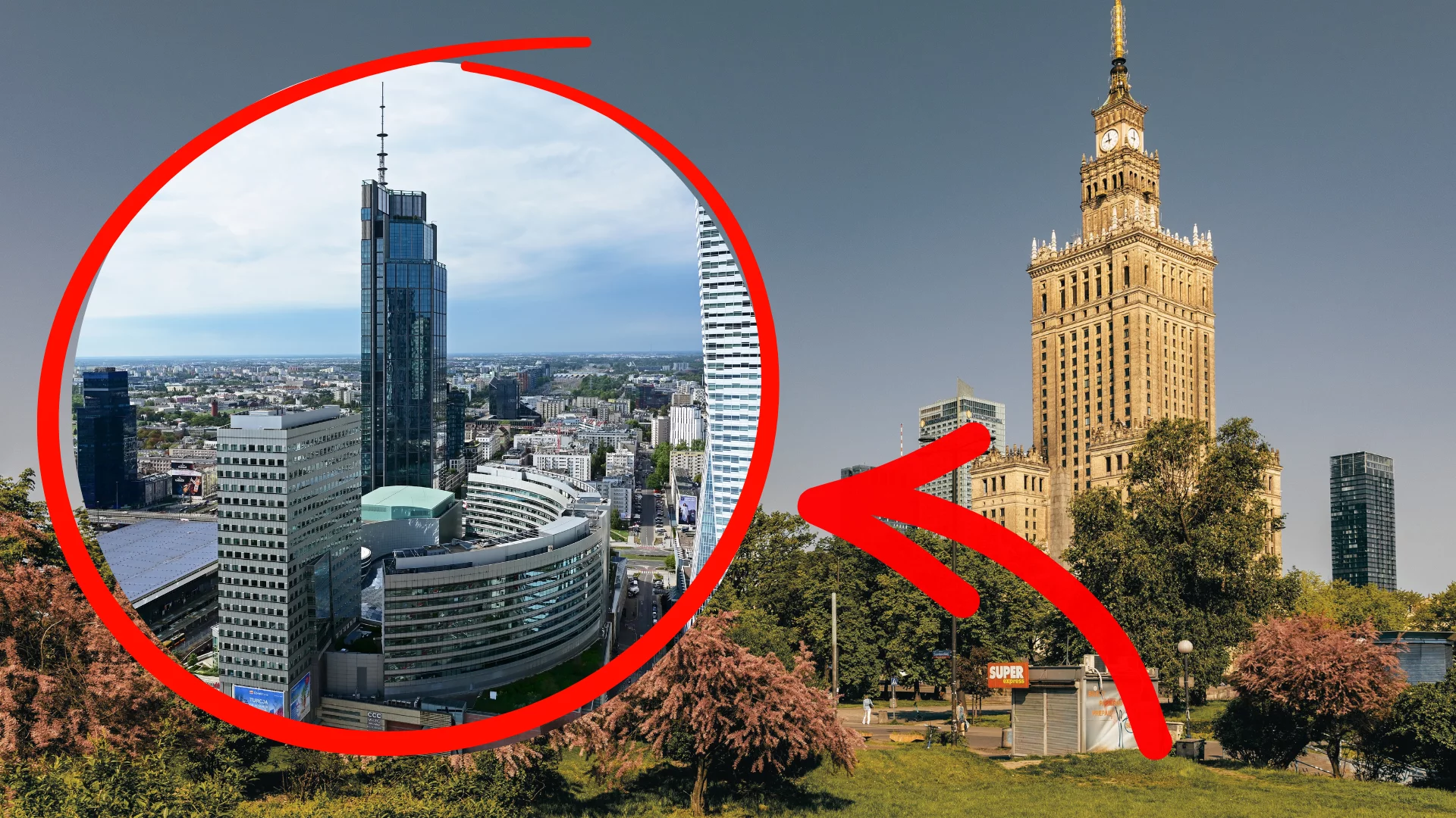 Panorama centrum Warszawy. Varso Tower w Warszawie, najwyższy budynek w Polsce i UE.