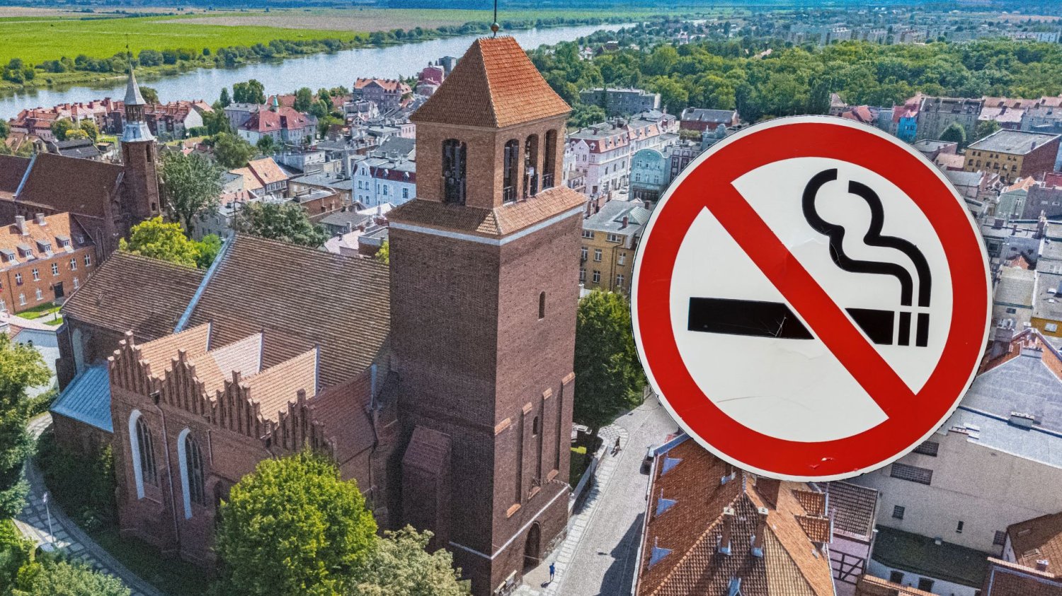Panorama miasta Tczew, znak zakazu palenia.