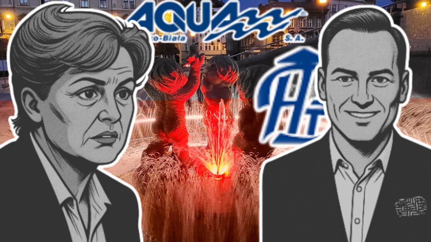 Podobizny Grażyny Staniszewskiej (z lewej) i Rafała Ryplewicza (z prawej) na tle Bielsko-Białej i logo spółek Aqua i BHT.