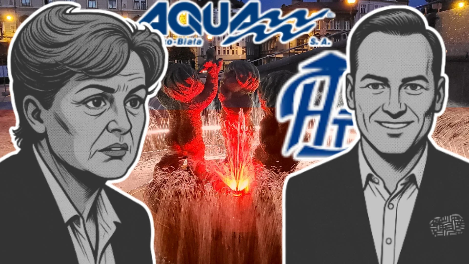 Podobizny Grażyny Staniszewskiej (z lewej) i Rafała Ryplewicza (z prawej) na tle Bielsko-Białej i logo spółek Aqua i BHT.
