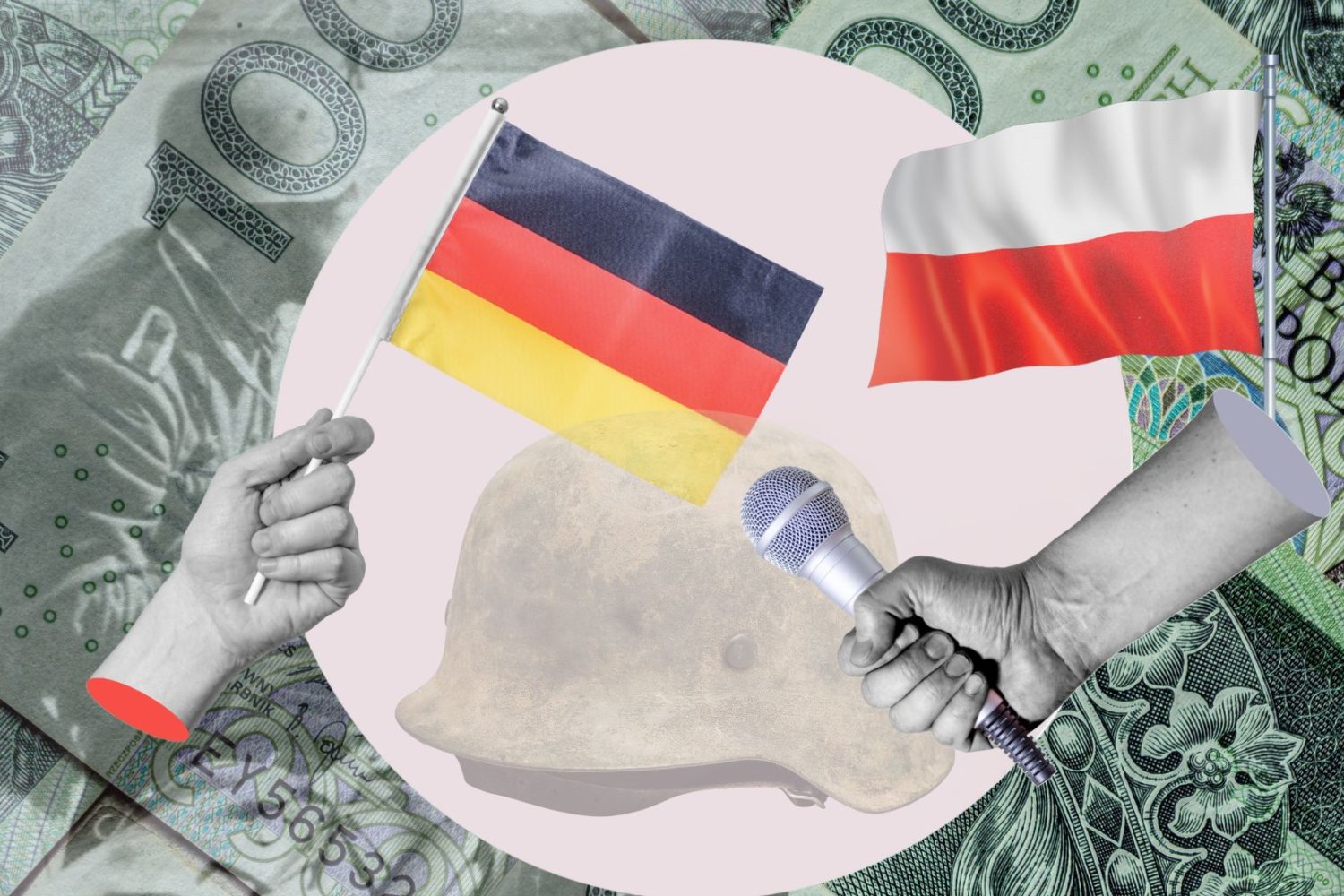 Polska flaga z mikrofonem do Niemieckiej, w tle II wojna światowa i złotówki.