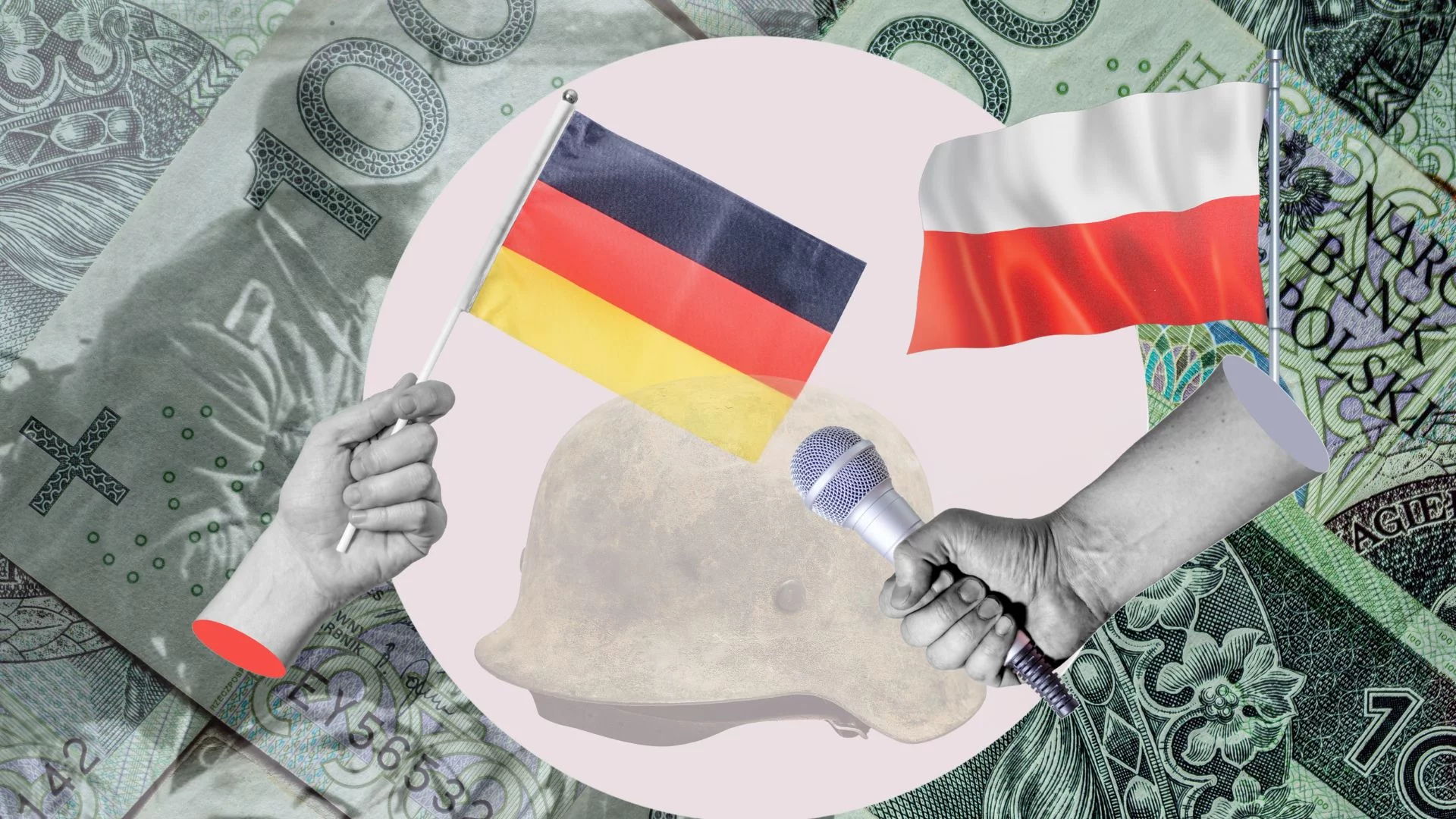 Miliardy dla Izraela i Namibii, zera dla Polski. Gra o miliardy z Niemiec wymaga strategii Polska flaga z mikrofonem do Niemieckiej, w tle II wojna światowa i złotówki.