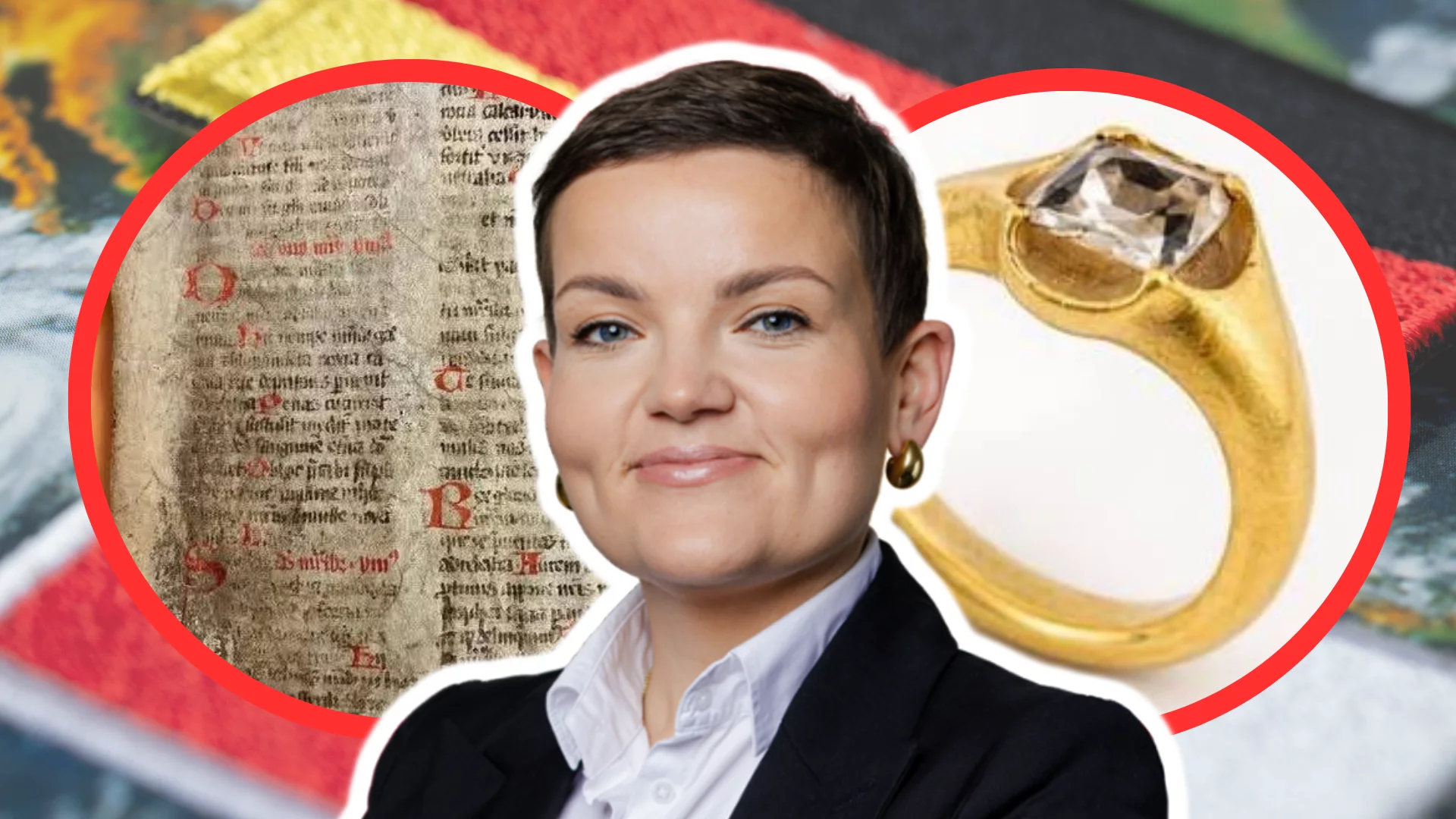 Polska Minister Kultury, Marta Cienkowska. Dwa czerwone kółka w nich Pierścień Zygmunta I Starego i fragment rekopisu Gaude Mater Polonia. W tle flaga Polski i Niemiec