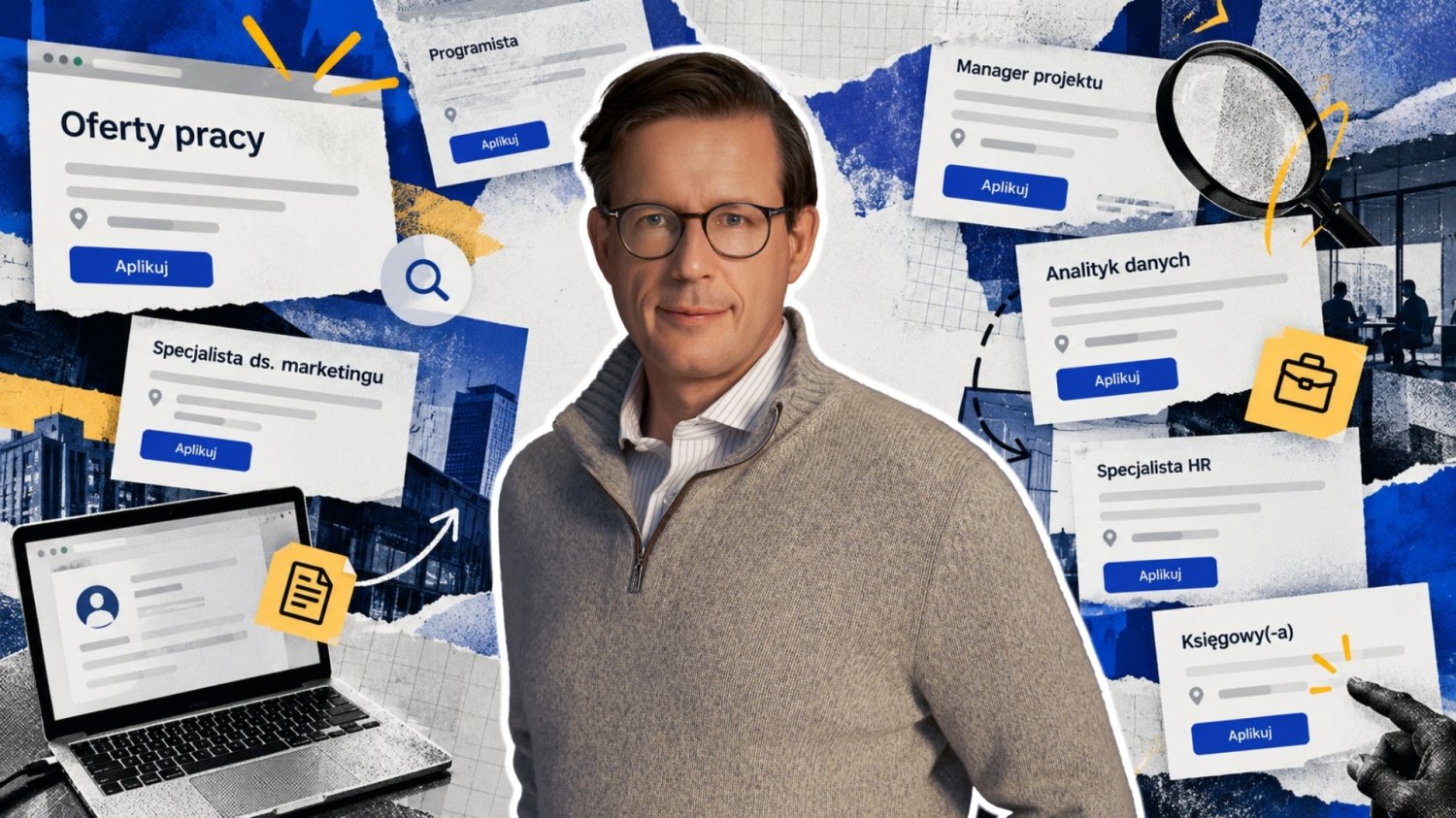 Przemysław Gacek, założyciel Pracuj.pl. Ogłoszenia z ofertami pracy. Budynki, wnętrza biura wplecione w grafikę.