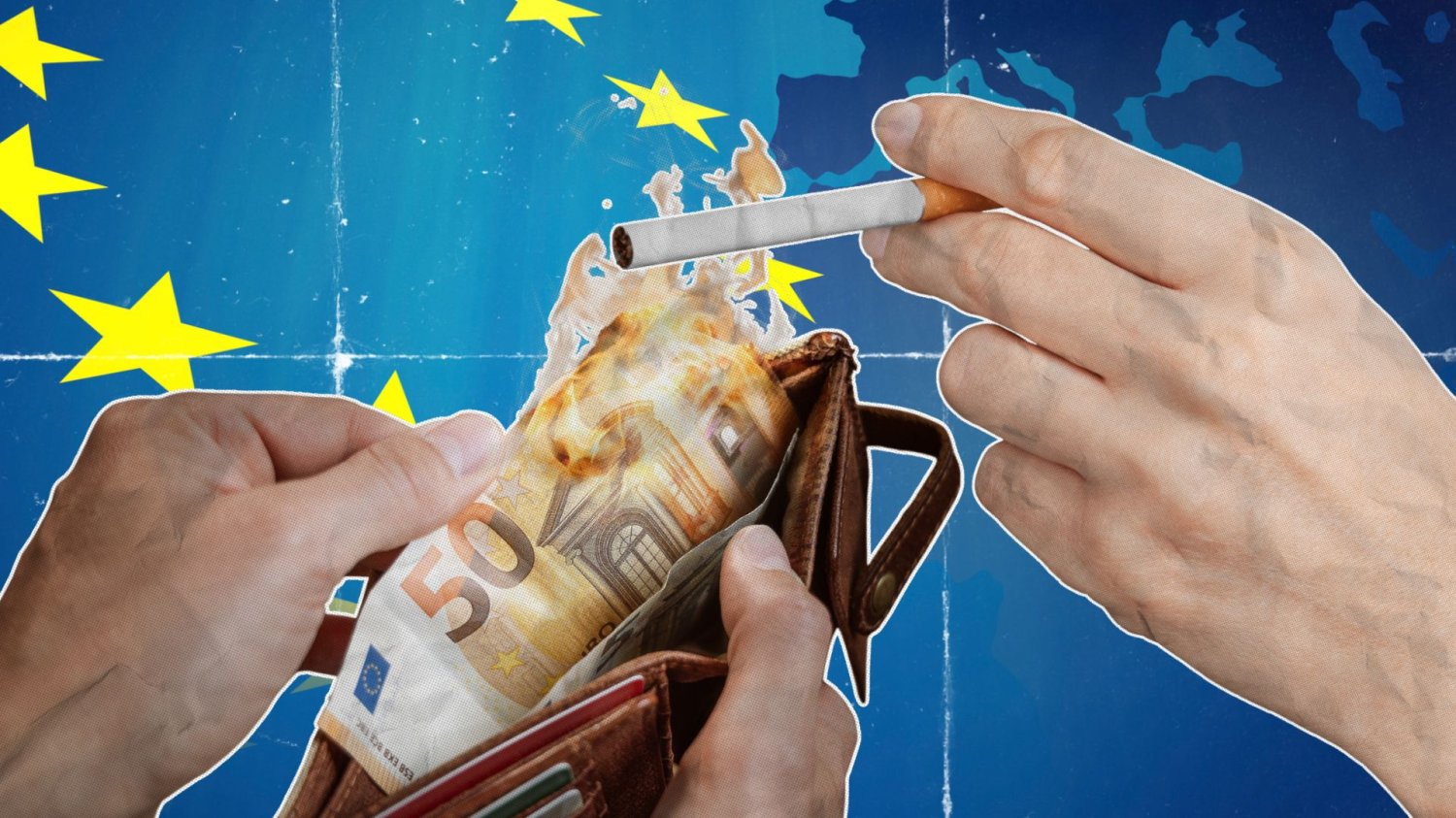 Zapalanie papierosa płonącymi euro i flaga UE w tle.
