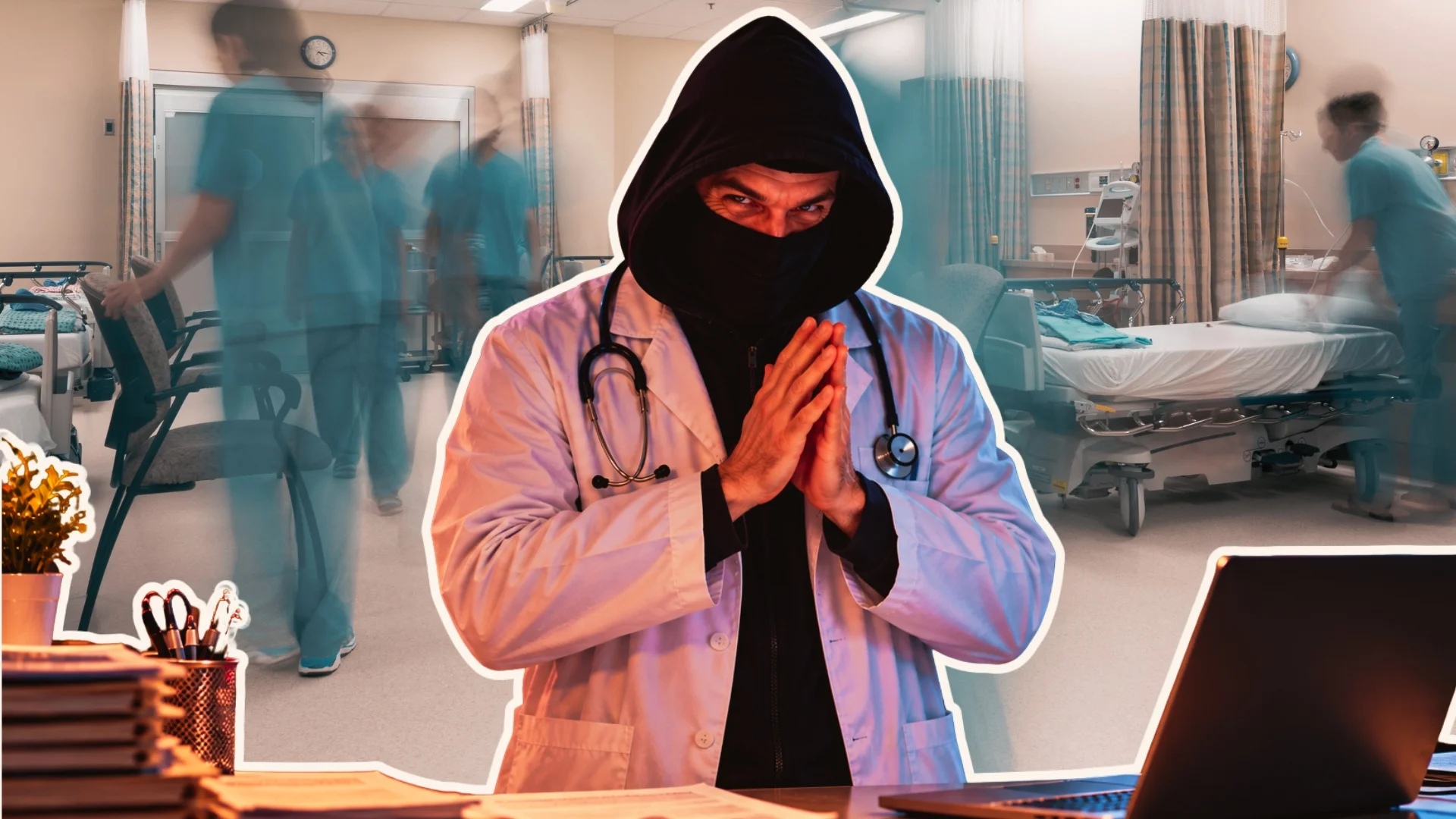 Cyberoszuści wiedzą, gdzie się leczysz. Uważaj na fałszywe telefony z przychodni Cyberoszust przy biurku w szpitalu, na którym stoi laptop. W tle sala szpitalna z pielegniarkami.