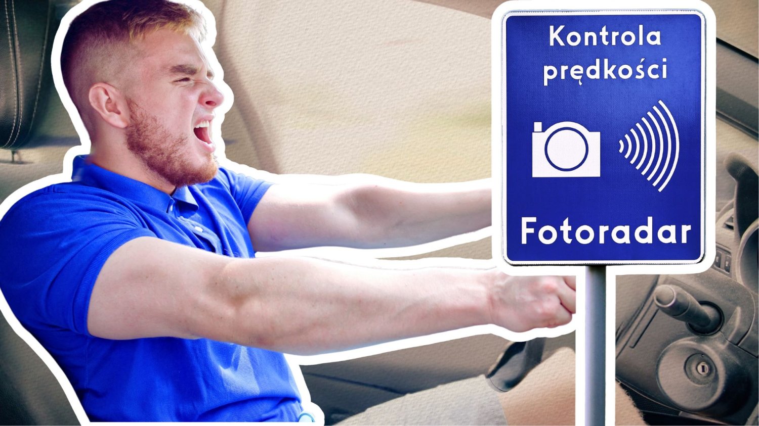 Wściekły kierowca i znak ostrzegający przed fotoradarem. Polski kierowca dostanie mandat, zagraniczny nie. Liczby obnażają system