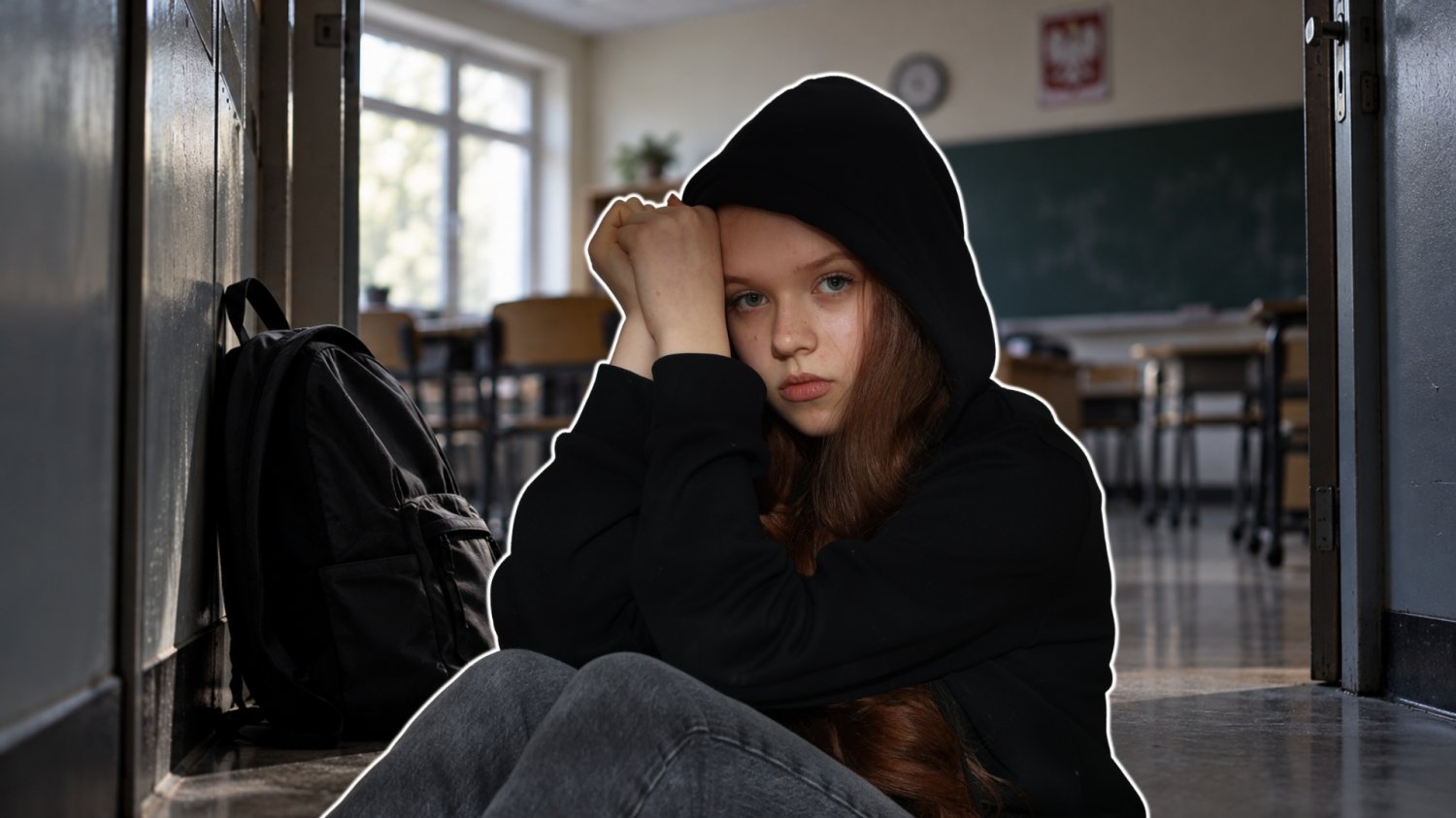 Polacy zabrali głos ws. bezpieczeństwa w szkołach. Ponad 50 proc. ma zastrzeżenia Smutna uczennica. W tle sala lekcyjna i plecak.