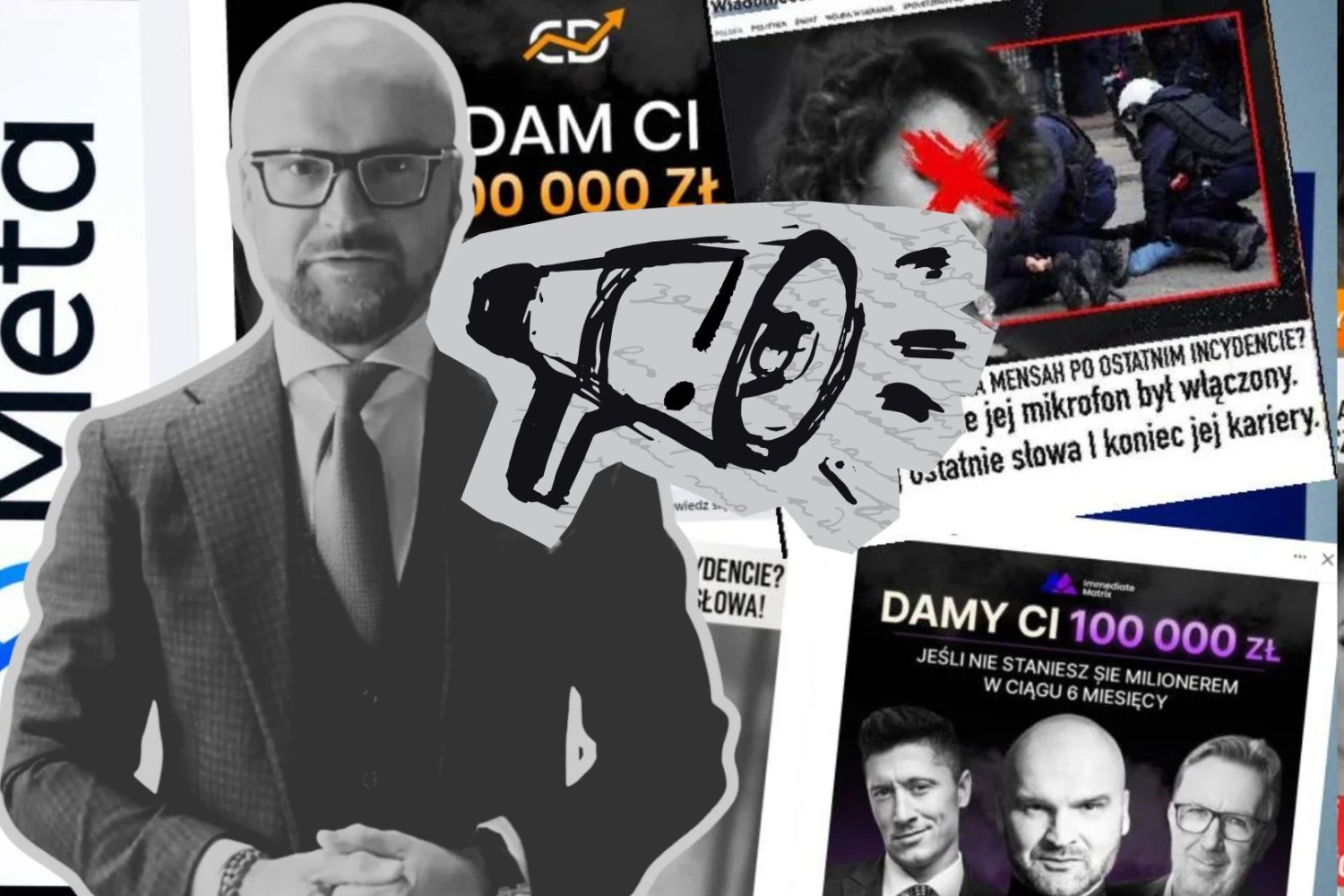 Rafał Brzoska na tle reklam oszustów.