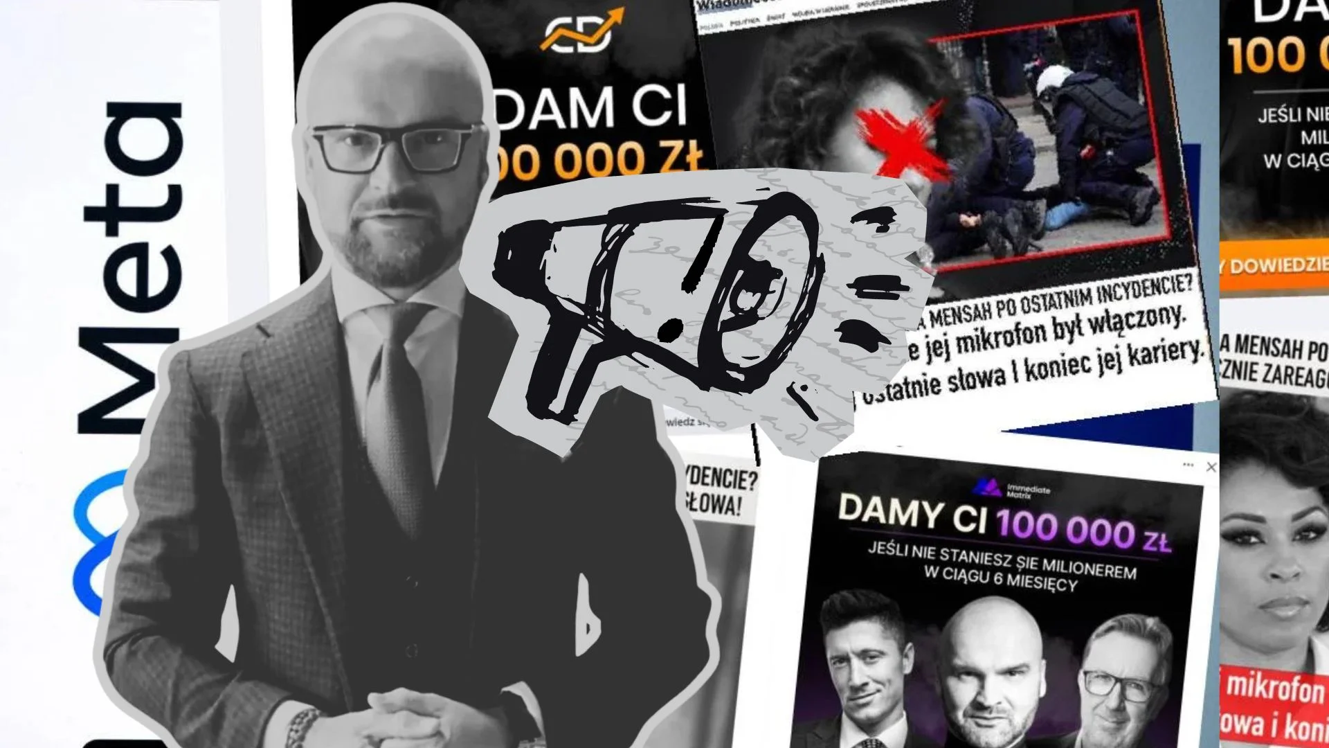 Rafał Brzoska na tle reklam oszustów.