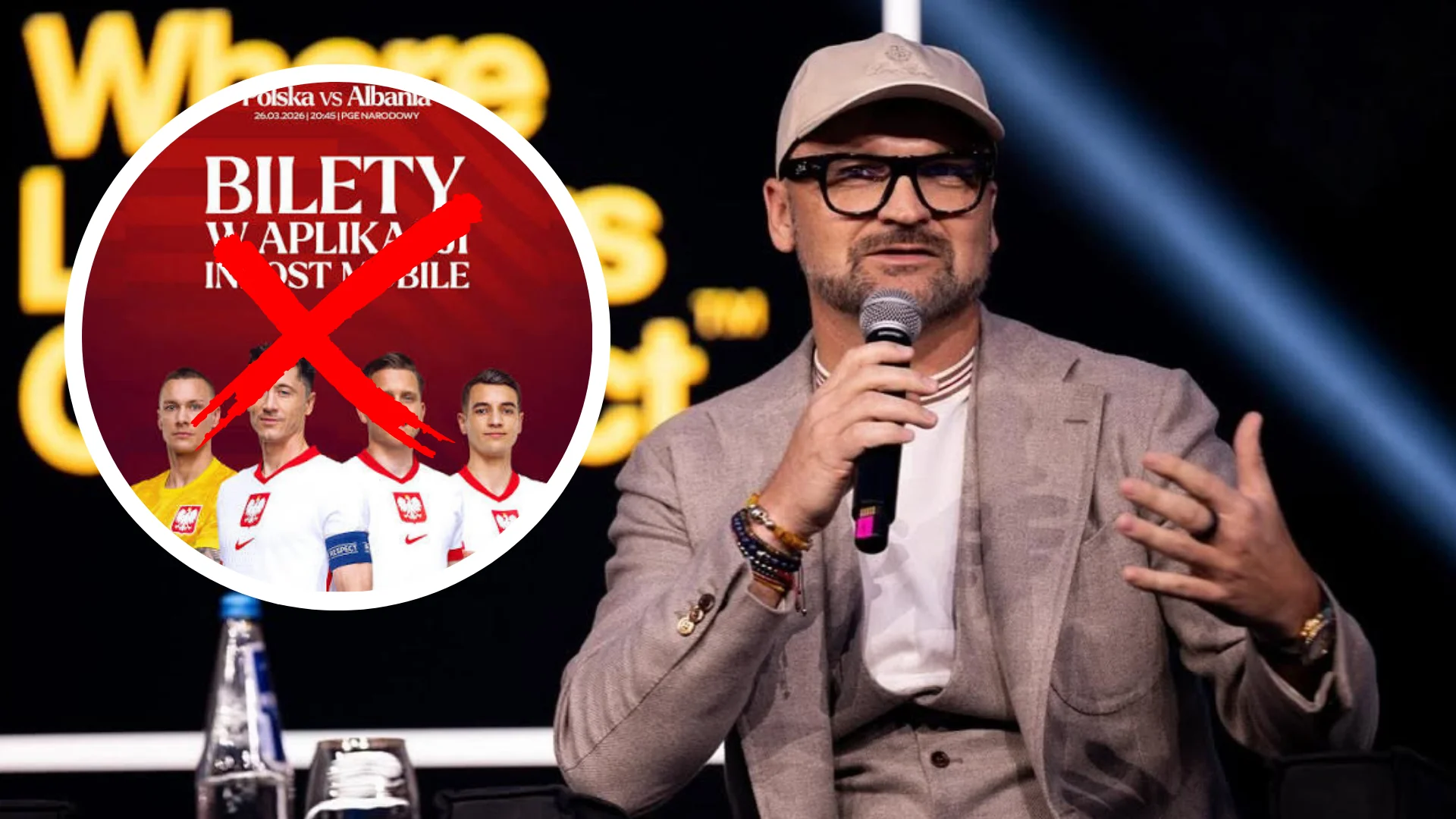 InPost kończy współpracę z PZPN. Czy Brzoska stracił cierpliwość do "leśnych dziadków"? Rafał Brzoska z mikrofonem. Robert Lewandowski, Piotr Zieliński i inni zawodnicy w koszulkach reprezentacji Polski. Przekreślone kółko
