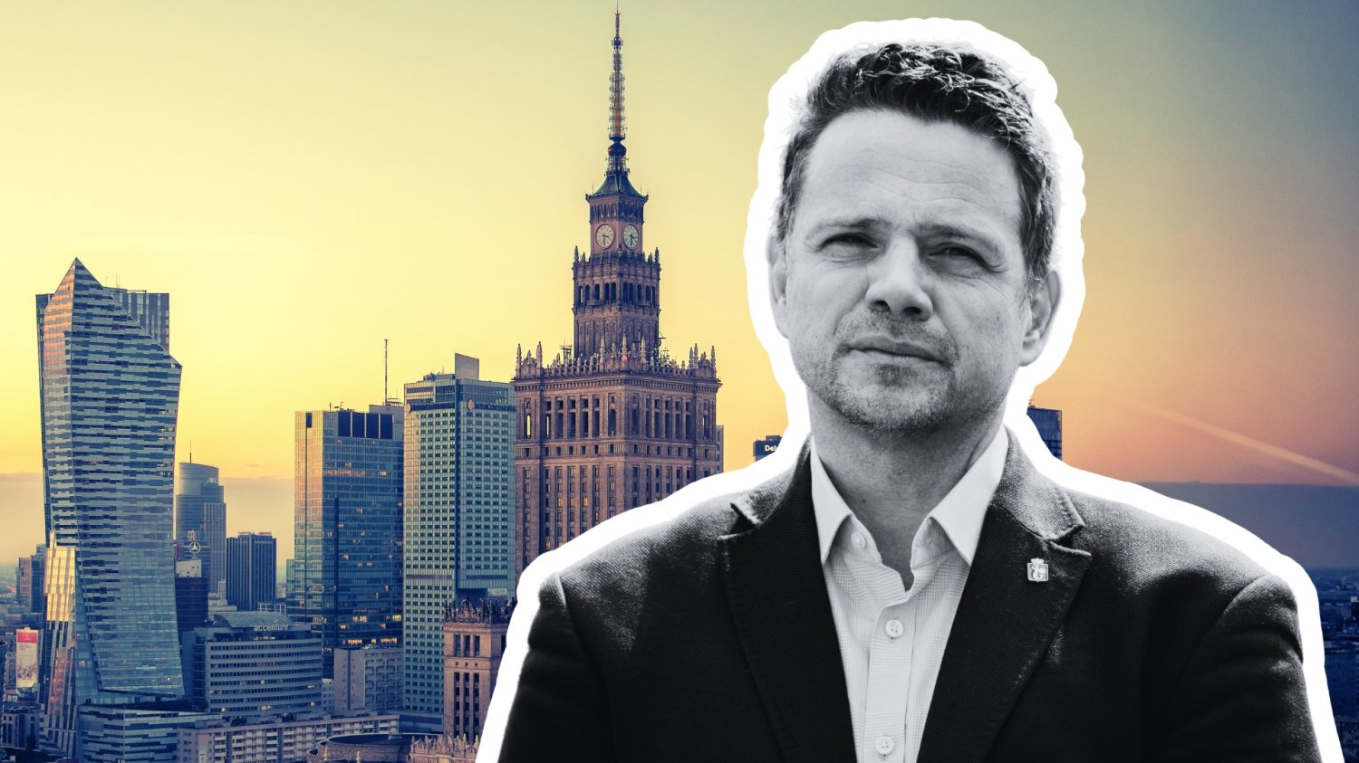 Rafał Trzaskowski na tle panoramy Warszawy.