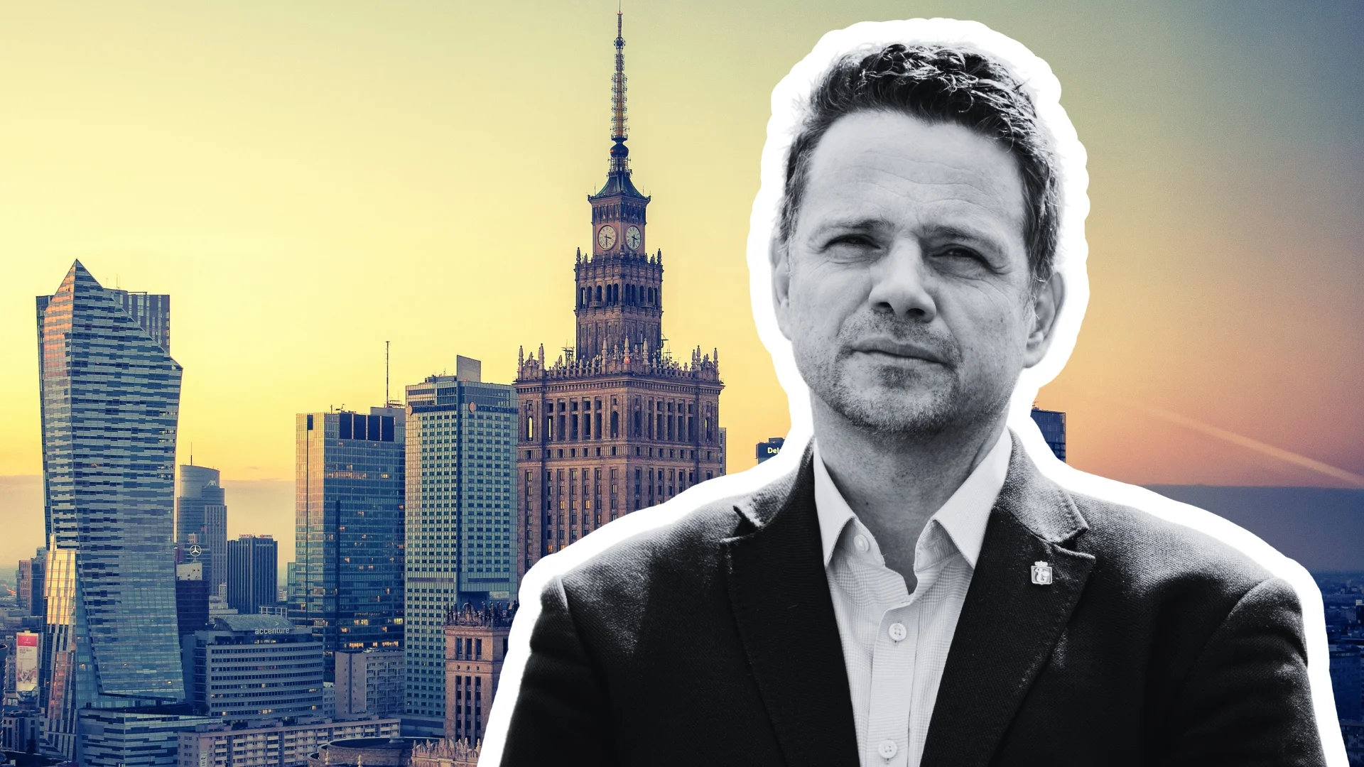 Rafał Trzaskowski na tle panoramy Warszawy.