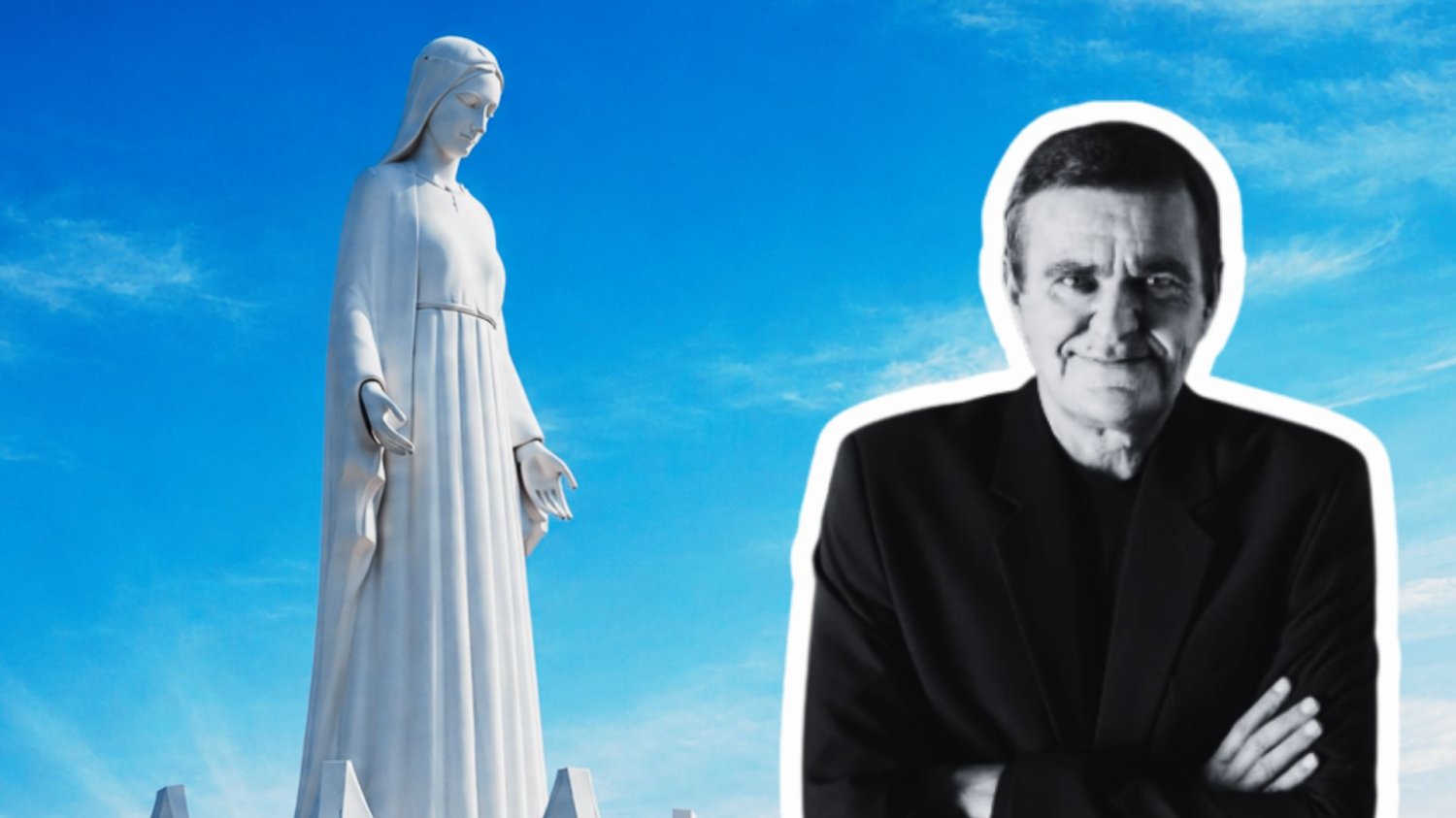 Roman Karkosik na tle wizualizacji monumentalnej figury Matki Boskiej w Kiloke