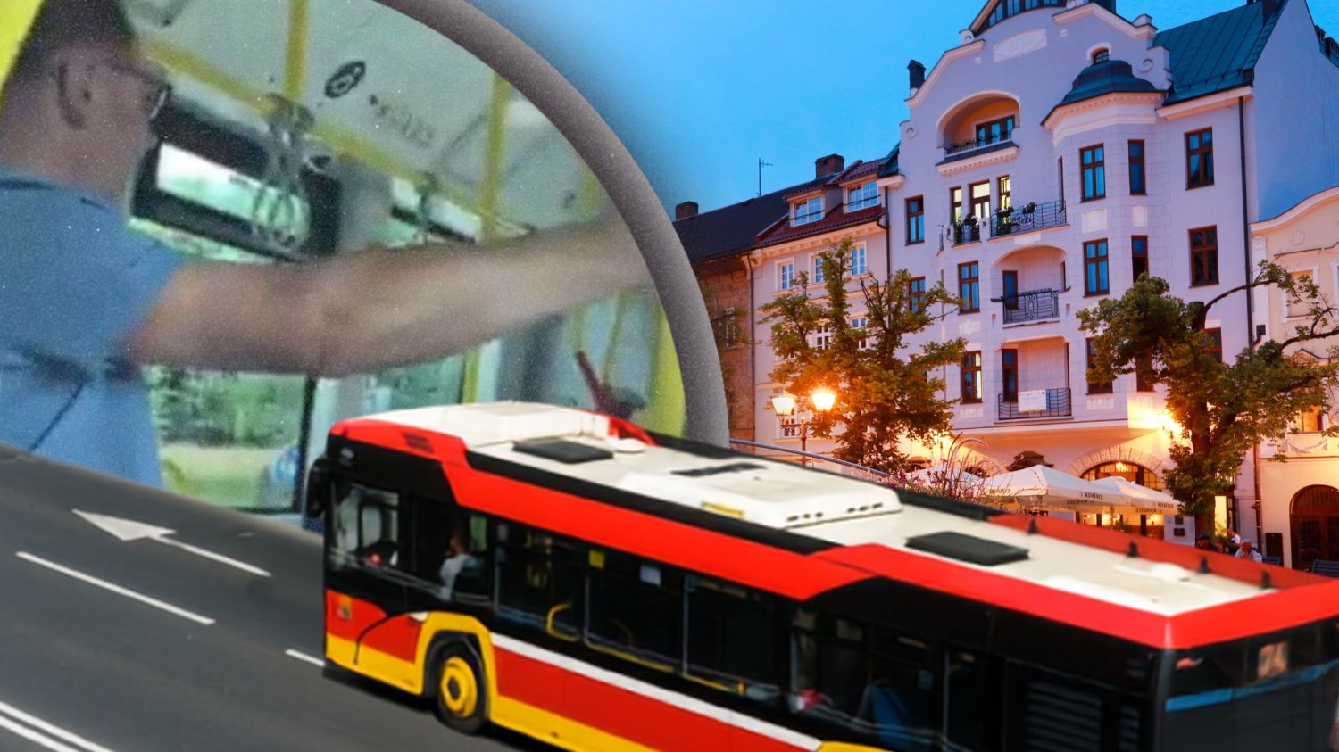 Rynek w Bielsku-Białej, autobus i mężczyzna z incydentu.