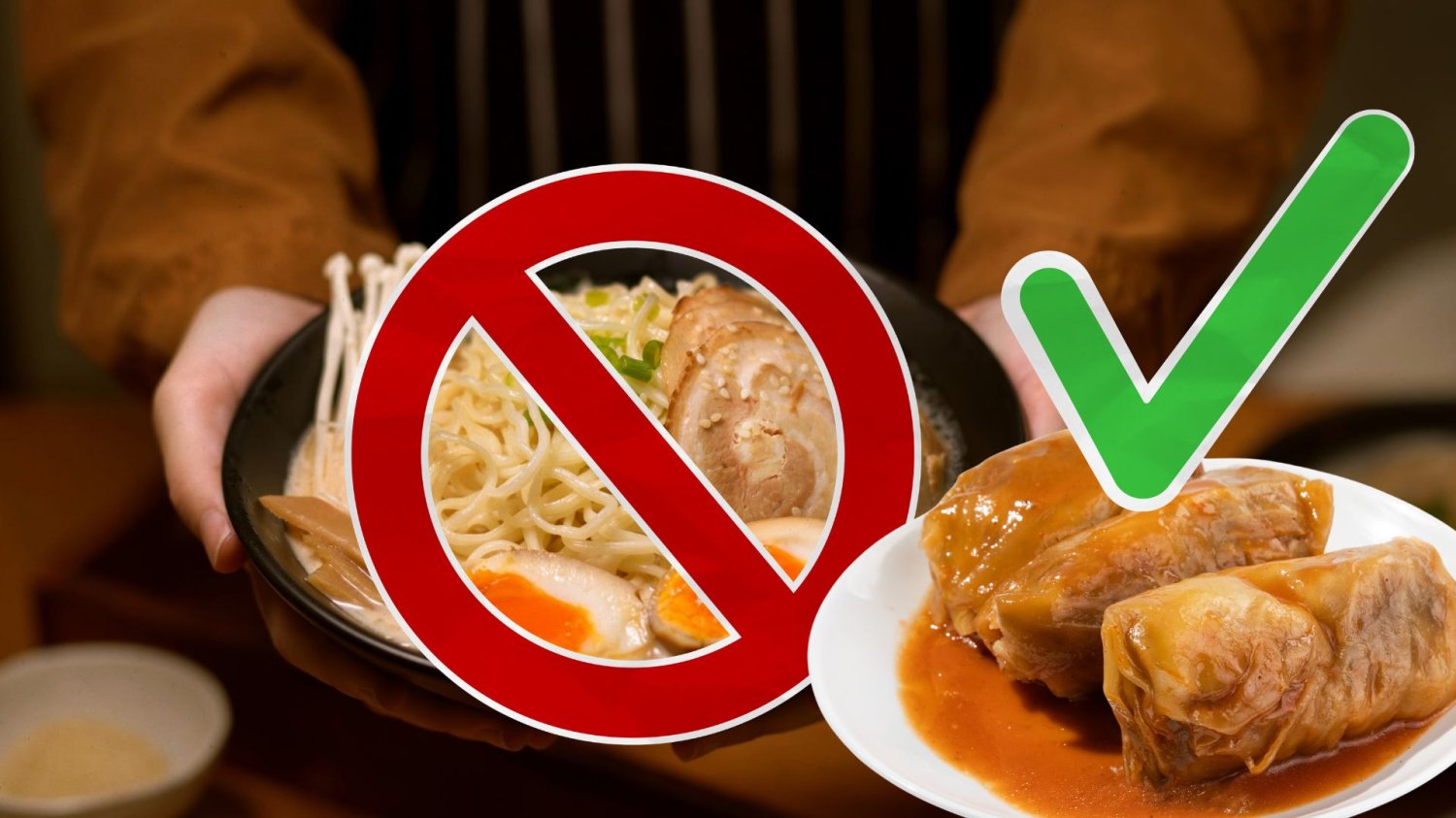 Polskie miasta z plagą pustych stołówek. Mam dość wypierania gołąbków przez ramen Przekreślony ramen i gołąbki z zielonym znakiem akceptacji.