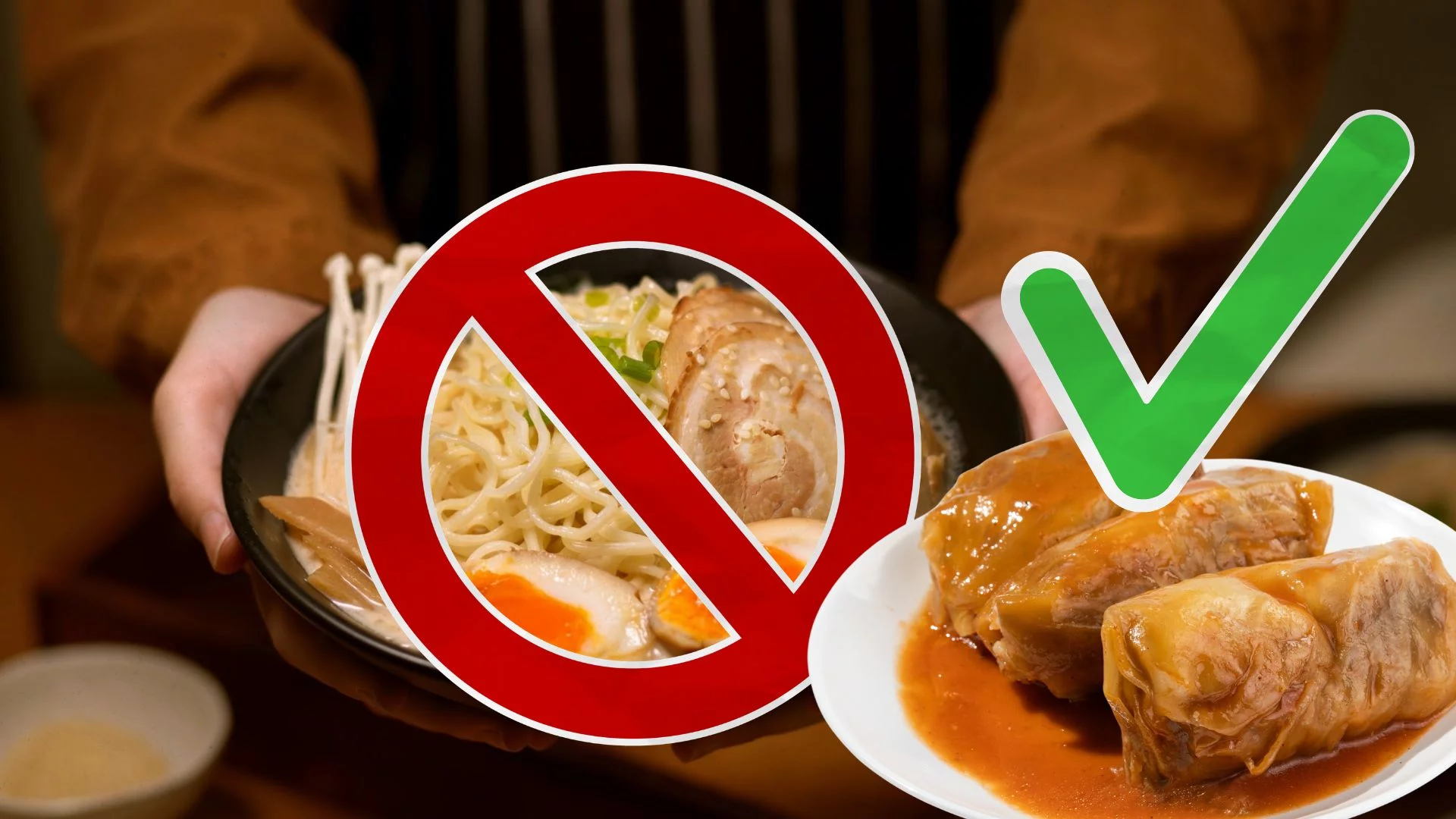 Przekreślony ramen i gołąbki z zielonym znakiem akceptacji.
