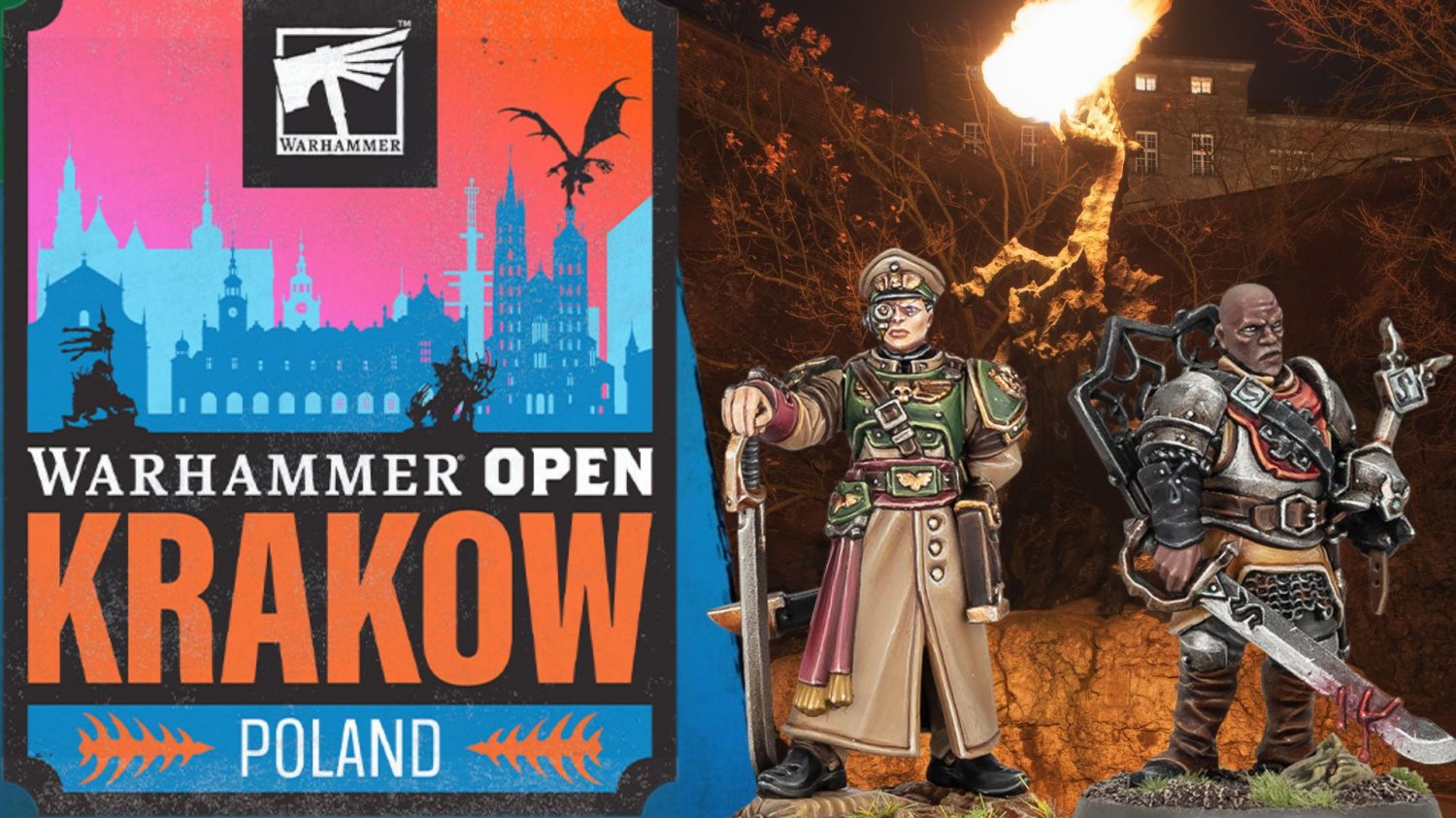 Figurki z Warhammera na tle plakatu Warhammer Open w Krakowie i smoka Wawelskiego.