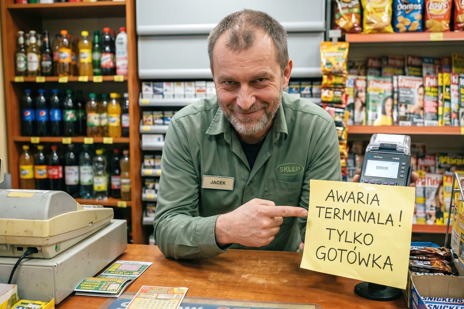 sprzedawca pokazujący napis "Awaria terminala"