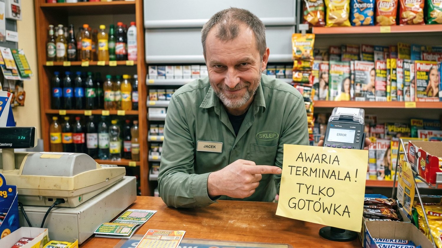 Pierogi z Facebooka i "awaria terminala". Połącz kropki: okradamy sami siebie sprzedawca pokazujący napis "Awaria terminala"