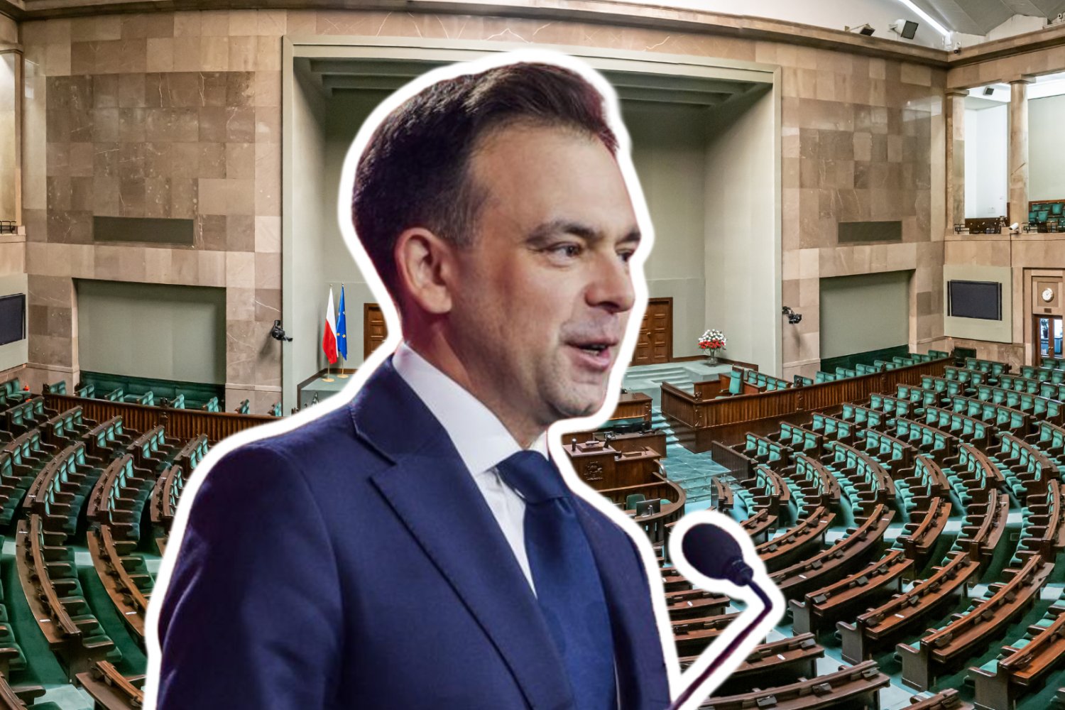 Podatek Belki idzie do kosza. Sejm przyjął ustawę, ale jak zwykle jest haczyk Andrzej Domański z mikrofonem. W tle sala Sejmowa.