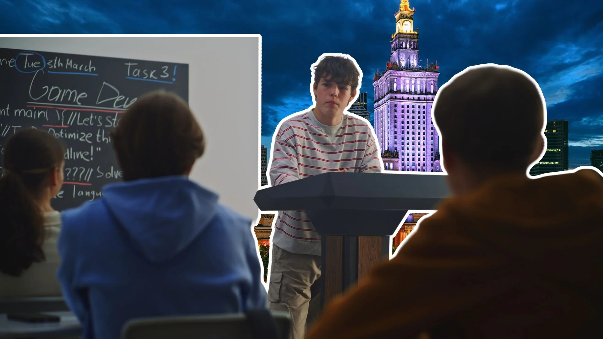 Studenci gamedev na tle Warszawy.