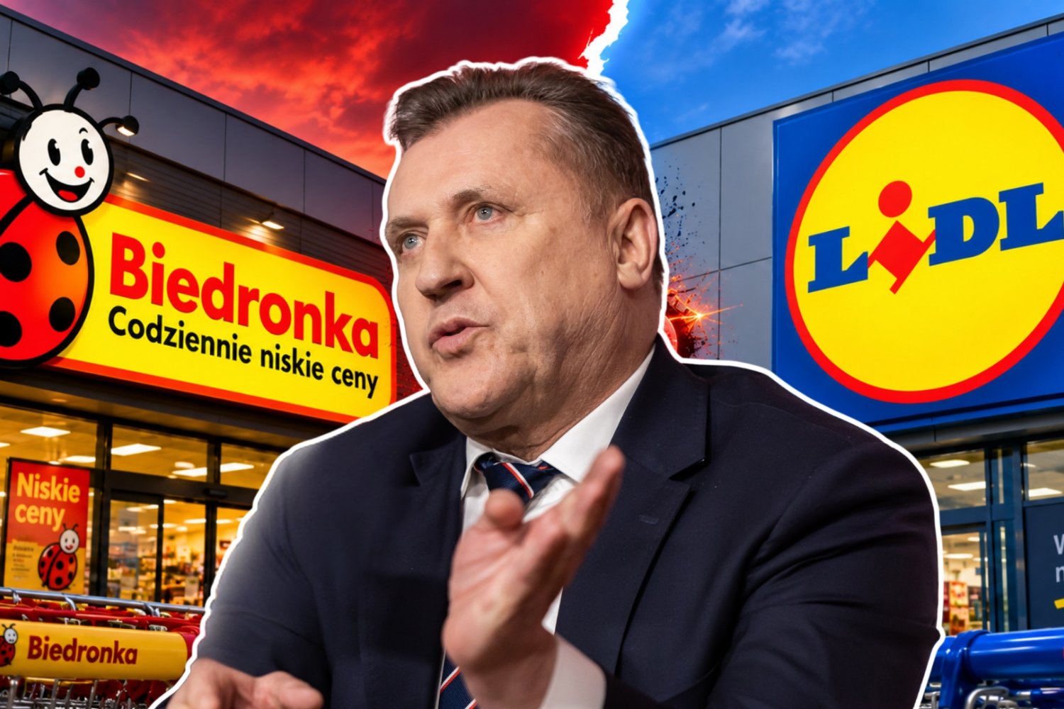 Cezary Kulesza prezes PZPN wskazuje na Lidl. Za nim grafika po jednej stronie Biedronka, po drugiej stronie Lidl