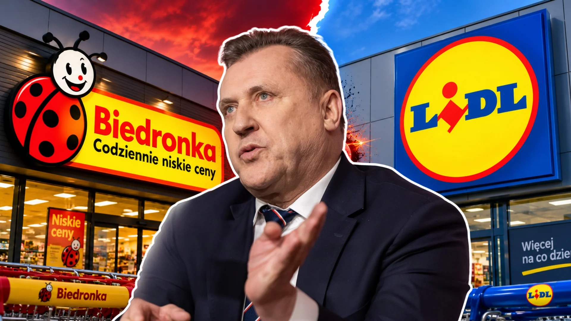 Niemiecki gigant zastąpi Biedronkę w kadrze Polski. Na boisku pojawia się nowy gracz Cezary Kulesza prezes PZPN wskazuje na Lidl. Za nim grafika po jednej stronie Biedronka, po drugiej stronie Lidl
