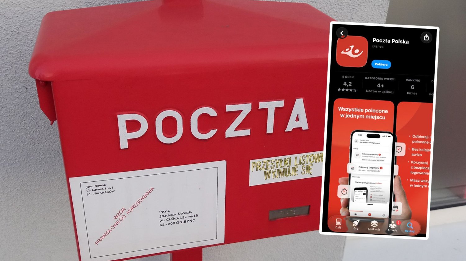 Skrzynka Poczty Polskiej, zrzut ekranu z opisem aplikacji spółki na smartfonie.