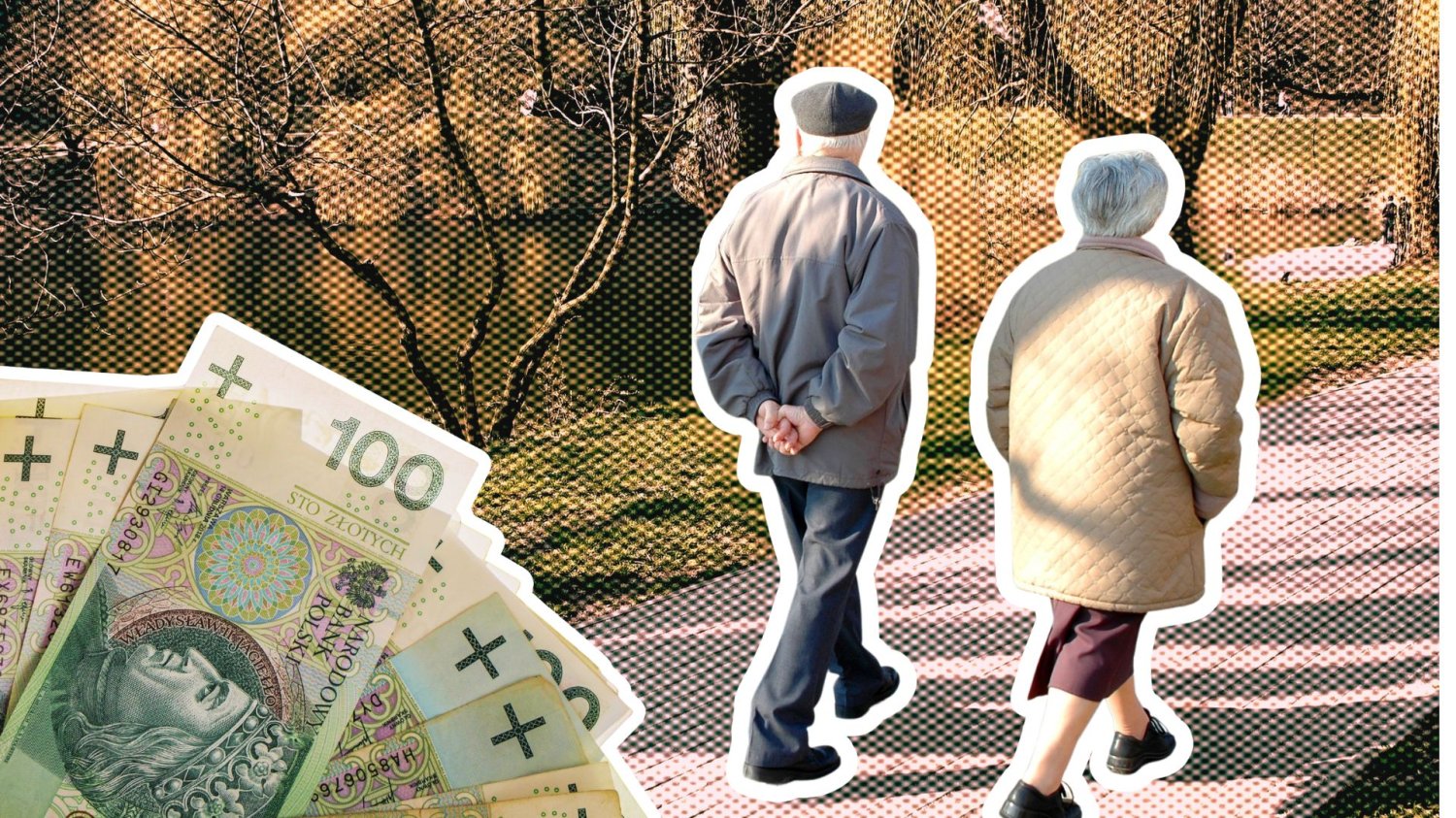 Seniorzy na spacerze w parku i polskie banknoty. Emerytura to nie wszystko. Po 65. roku życia masz prawo do nawet 9 dodatków