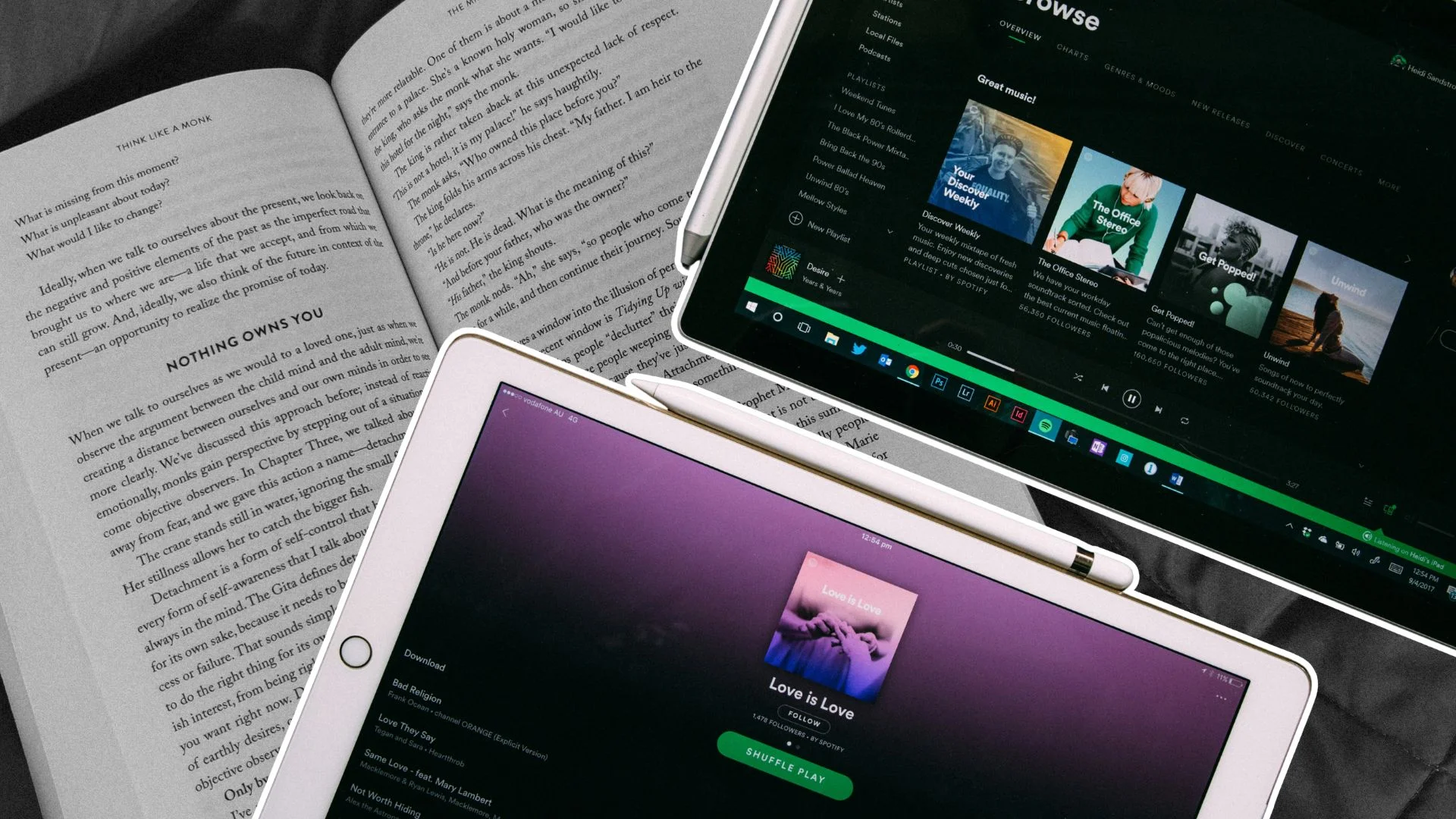 Spotify szykuje rewolucję dla Polaków. Od 15 października ponad 20 tys. książek bez dopłat. tablety z włączoną aplikacją Legimi, otwarta książka w tle.