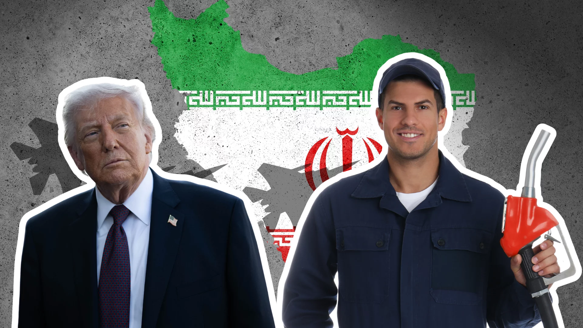 Trump, pracownik stacji benzynowej, w tle iran