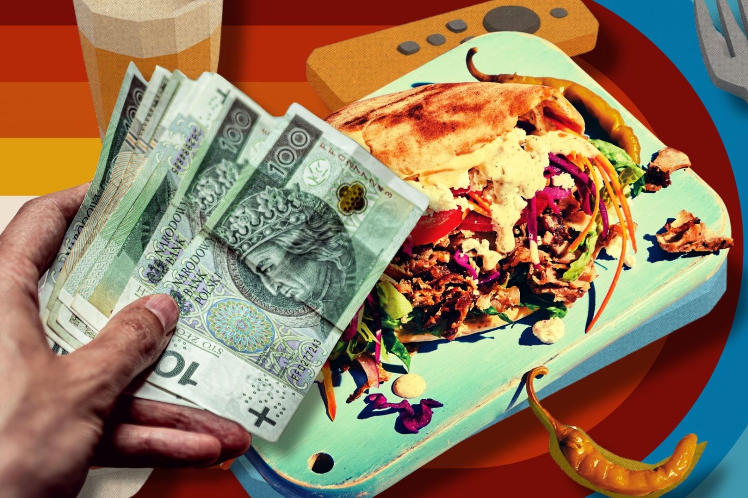 Kebabowy indeks powraca. Za swoją pensję kupisz ich coraz mniej Trzymanie pieniędzy na tle kebabu i motywu designerskiego.