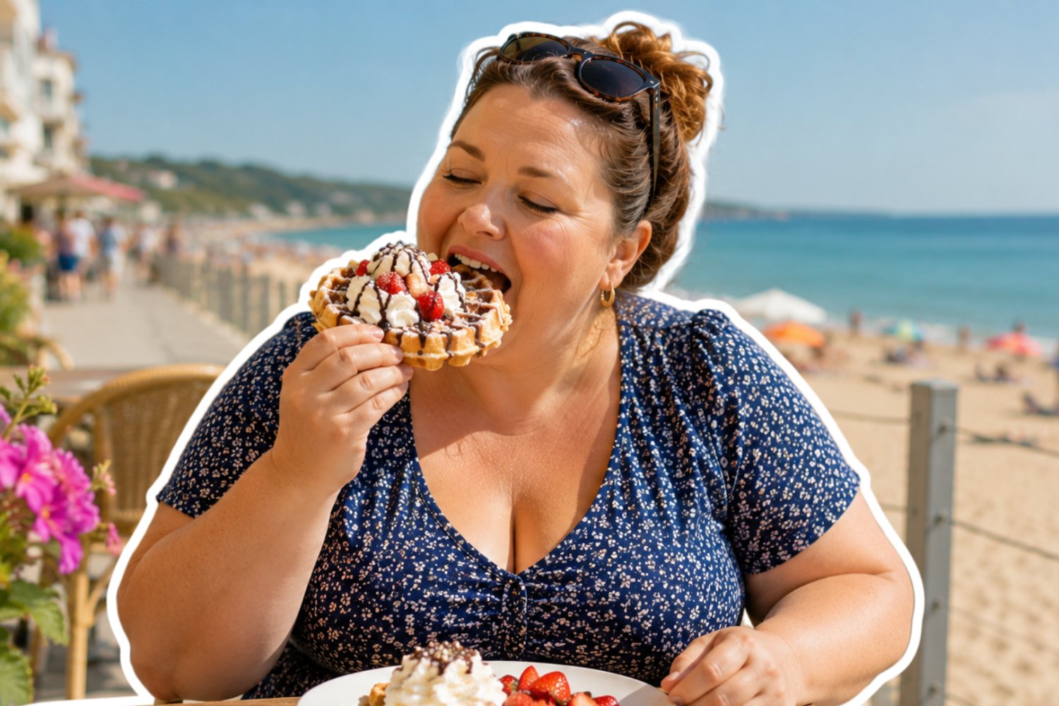 Kobieta zajadająca się gofrem w restauracji. W tle plaża i morze.