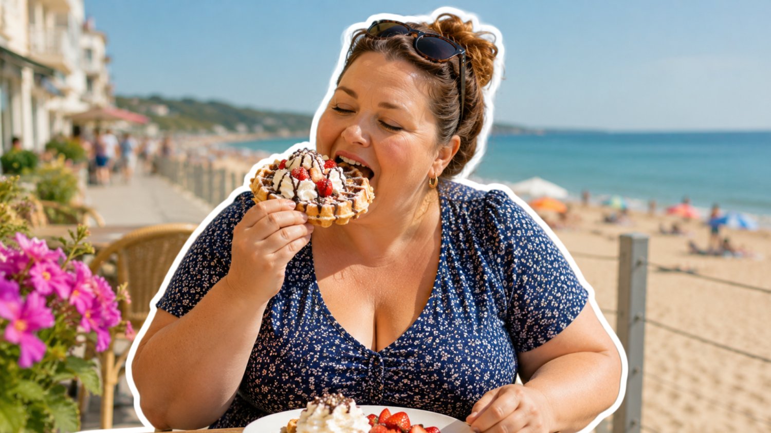 Paragony grozy wracają nad Bałtyk. Znamy aktualne ceny przy polskich plażach Kobieta zajadająca się gofrem w restauracji. W tle plaża i morze.