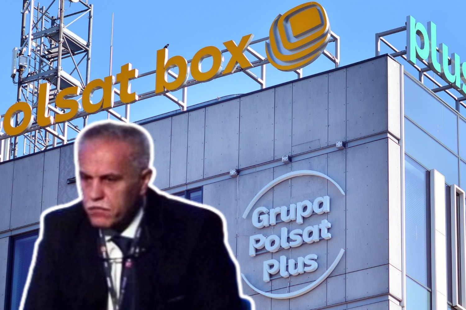 Zygmunt Solorz, w tle budynek z logo Grupy Polsat Plus.