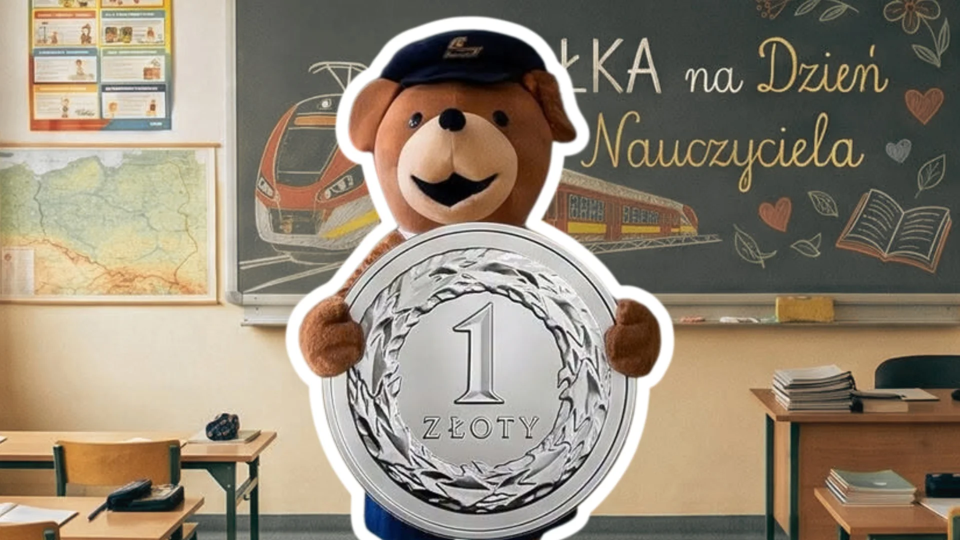 ŁKA przygotował specjalną ofertę. Bilet będzie kosztował tylko 1 zł Maskotka Łódzkich Kolei Aglomeracyjnych ze złotówką w rękach. W tle sala lekcyjna.