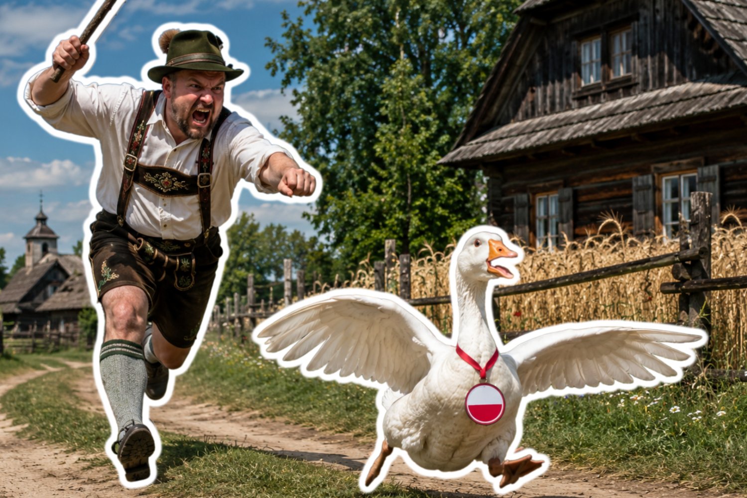 Mężczyzna w stroju niemieckim, goni gęś. Jest wściekły i ma drewniany kij. Wokół polska wieś.
