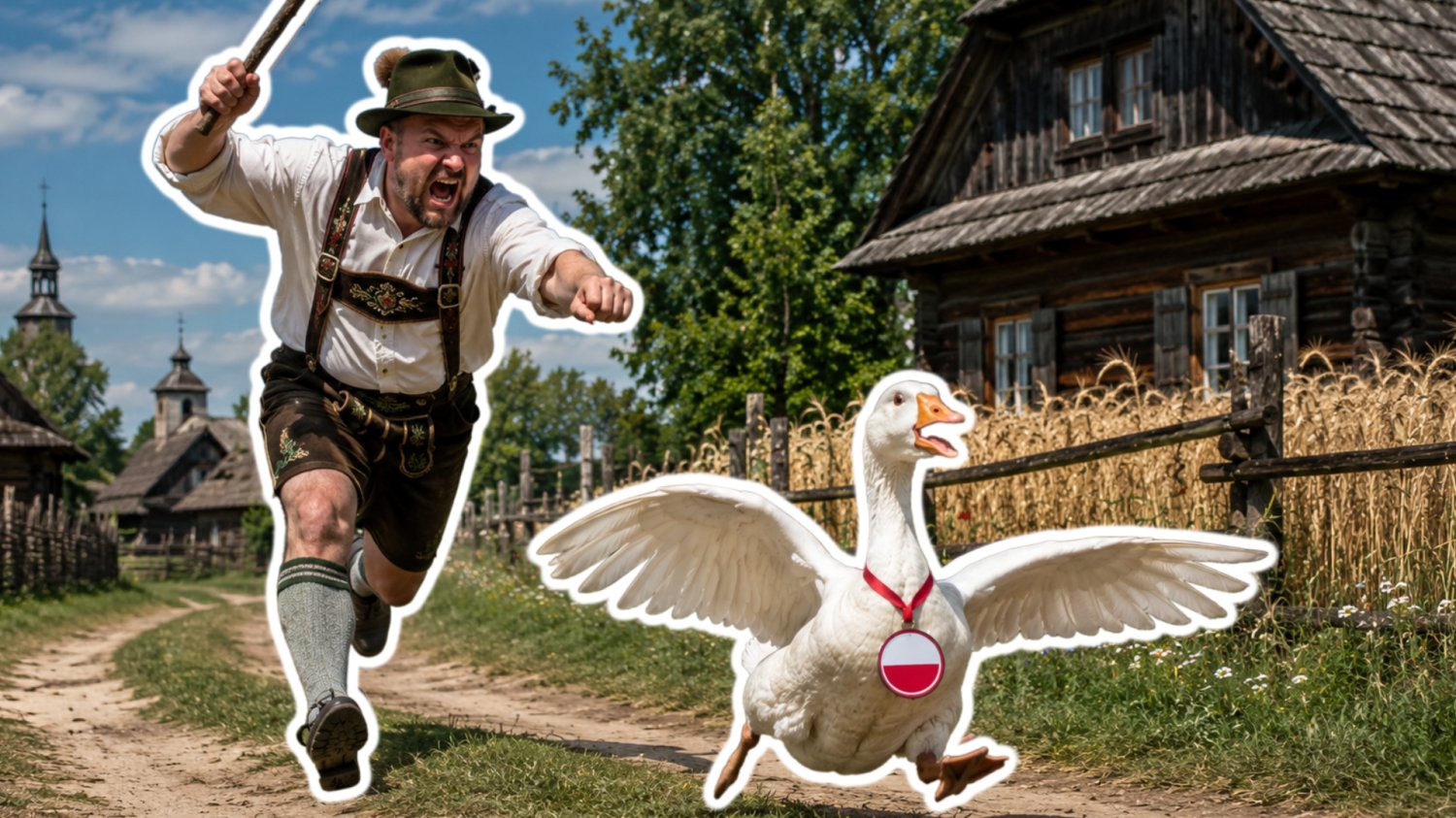 Mężczyzna w stroju niemieckim, goni gęś. Jest wściekły i ma drewniany kij. Wokół polska wieś.