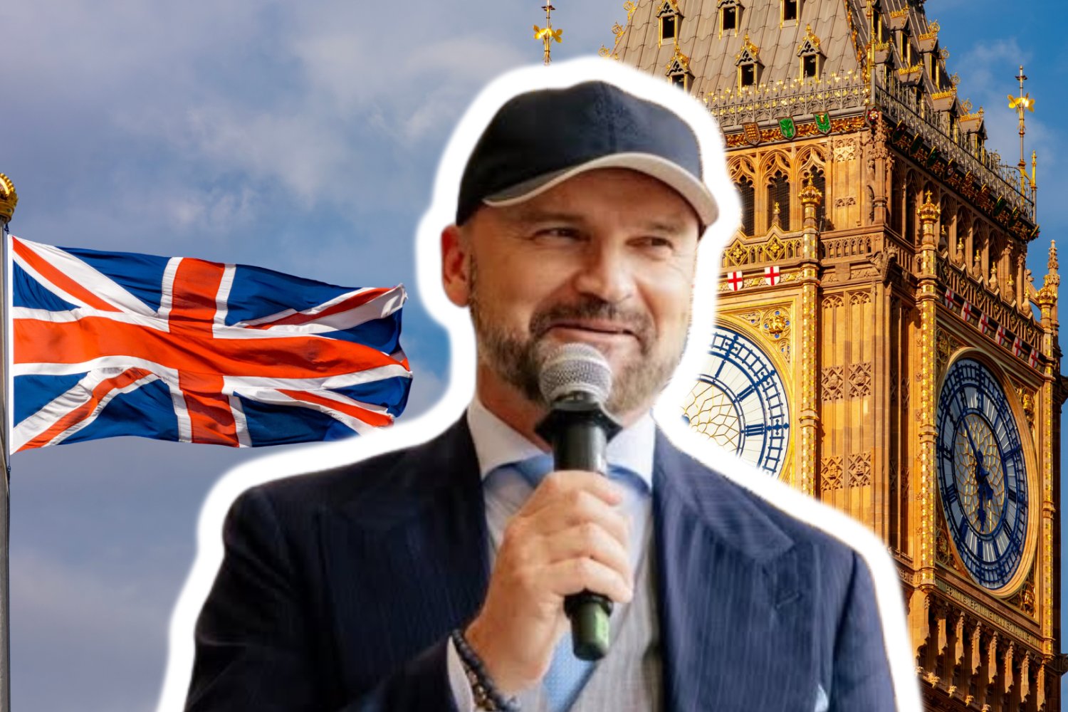 Uśmiechnięty Rafał Brzoska. W tle flaga Wielkiej Brytanii i Big Ben.