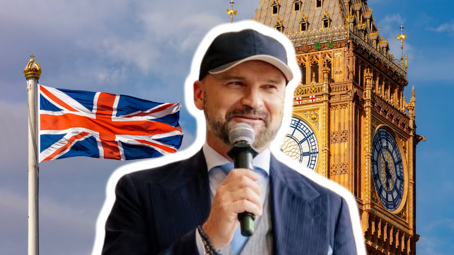 Uśmiechnięty Rafał Brzoska. W tle flaga Wielkiej Brytanii i Big Ben.