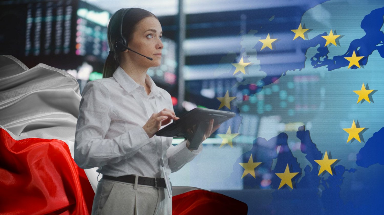 Kobieta w hubie technologicznym na tle flagi Polski i UE oraz konturów Europy.