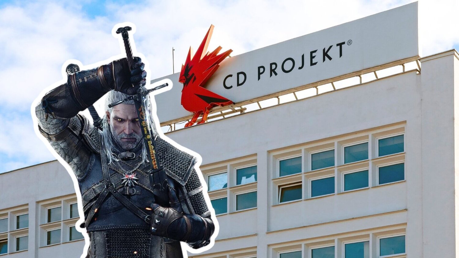 Wiedźmin, w tle budynek CD Projektu