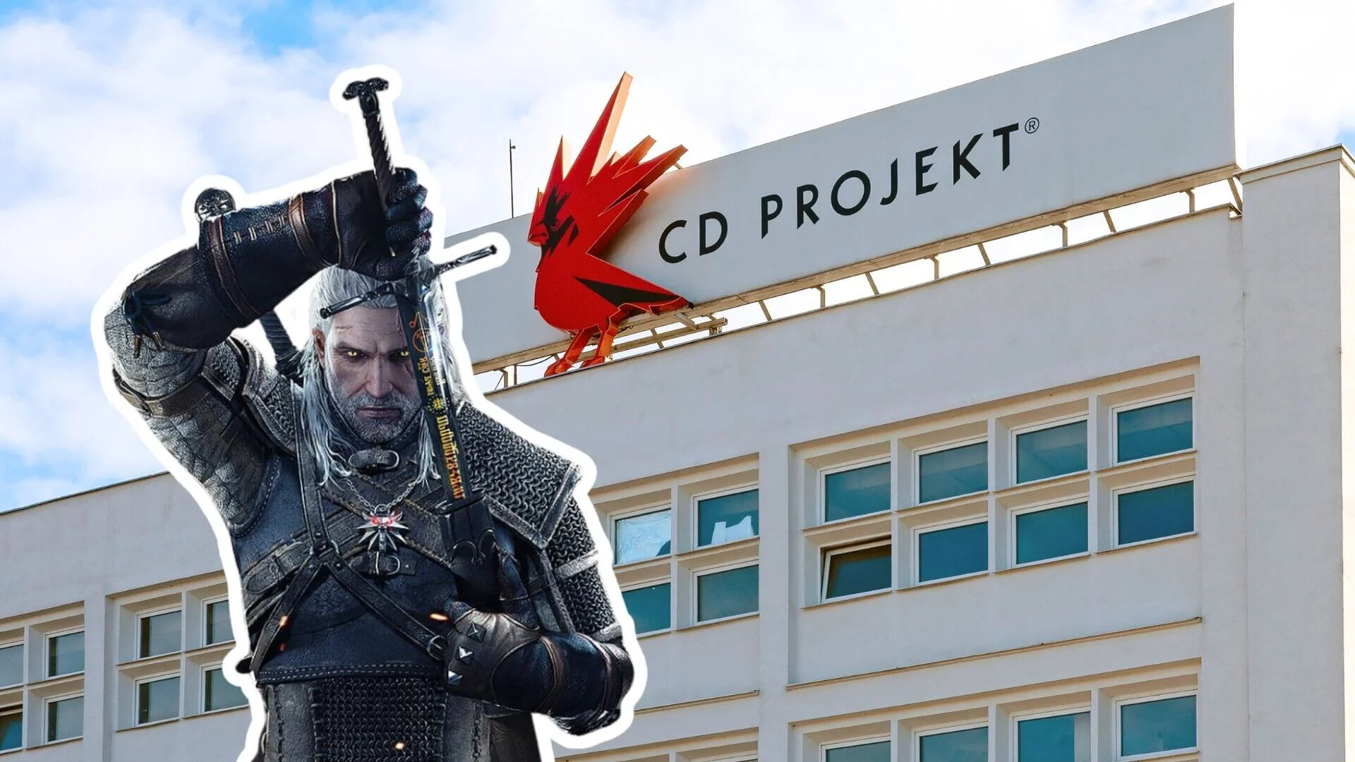 Wiedźmin, w tle budynek CD Projektu