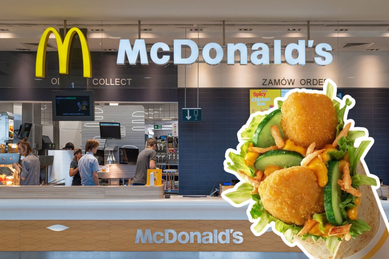 Wnętrze restauracji  McDonald’s, pracownicy, tortilla z kurczakiem.