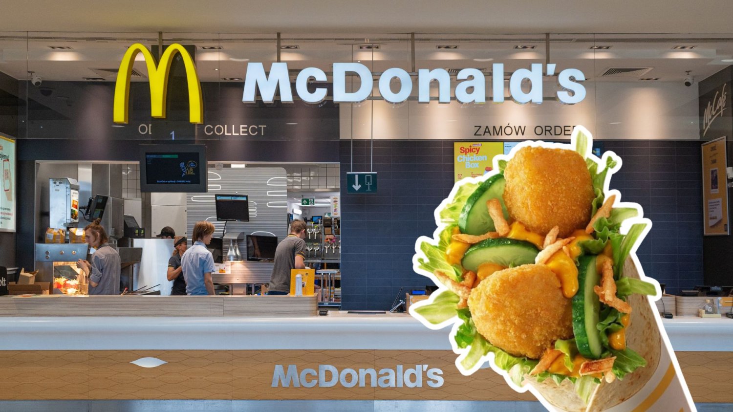 Wnętrze restauracji  McDonald’s, pracownicy, tortilla z kurczakiem.