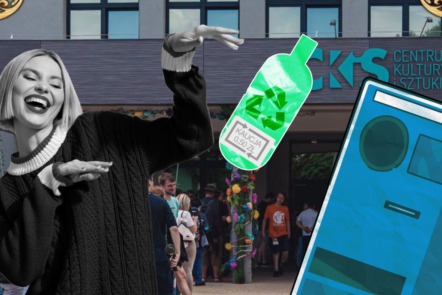 Wrzucanie butelek kaucyjnych do automatu, w tle CKS Skierniewice.