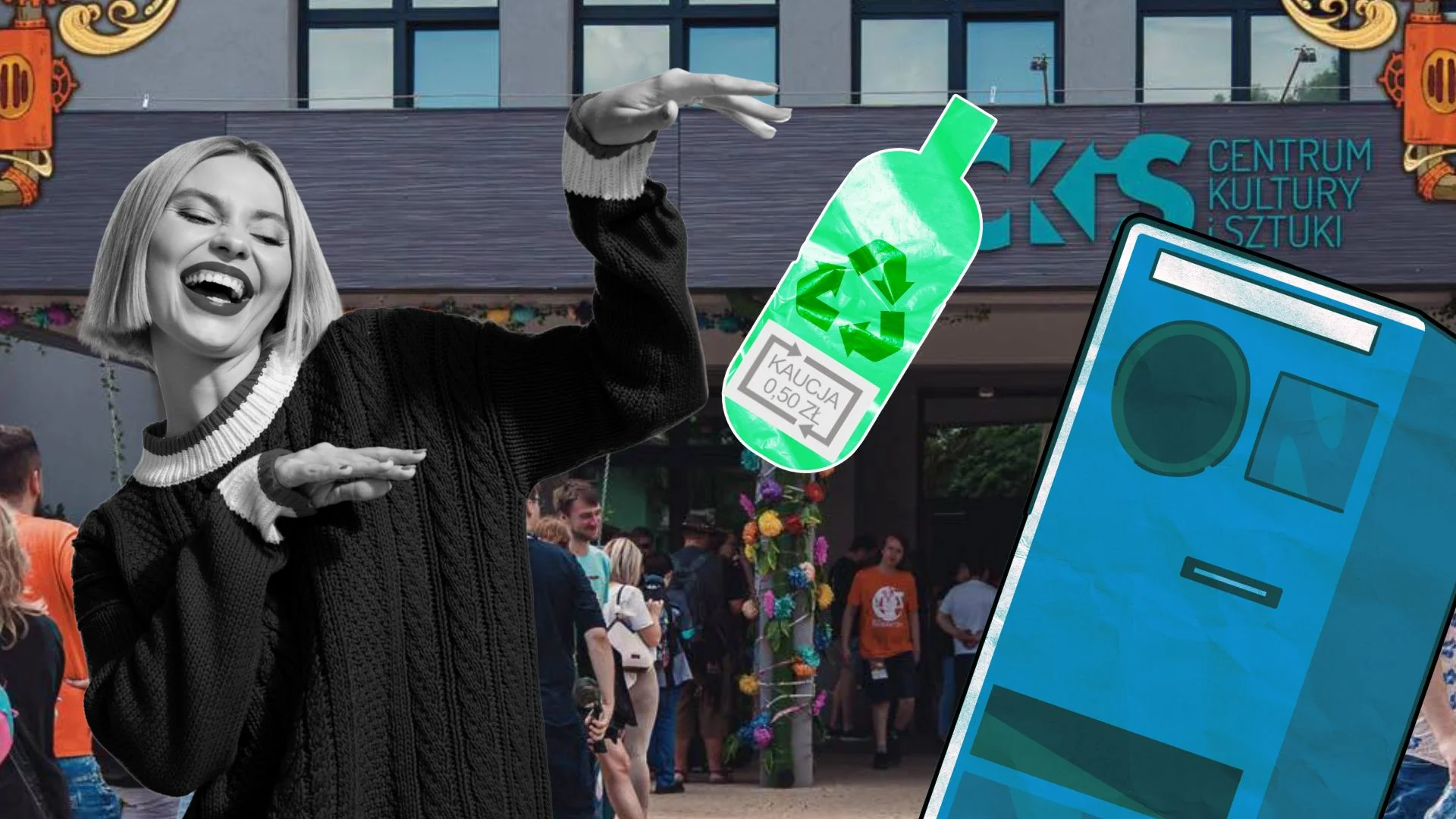 Wrzucanie butelek kaucyjnych do automatu, w tle CKS Skierniewice.