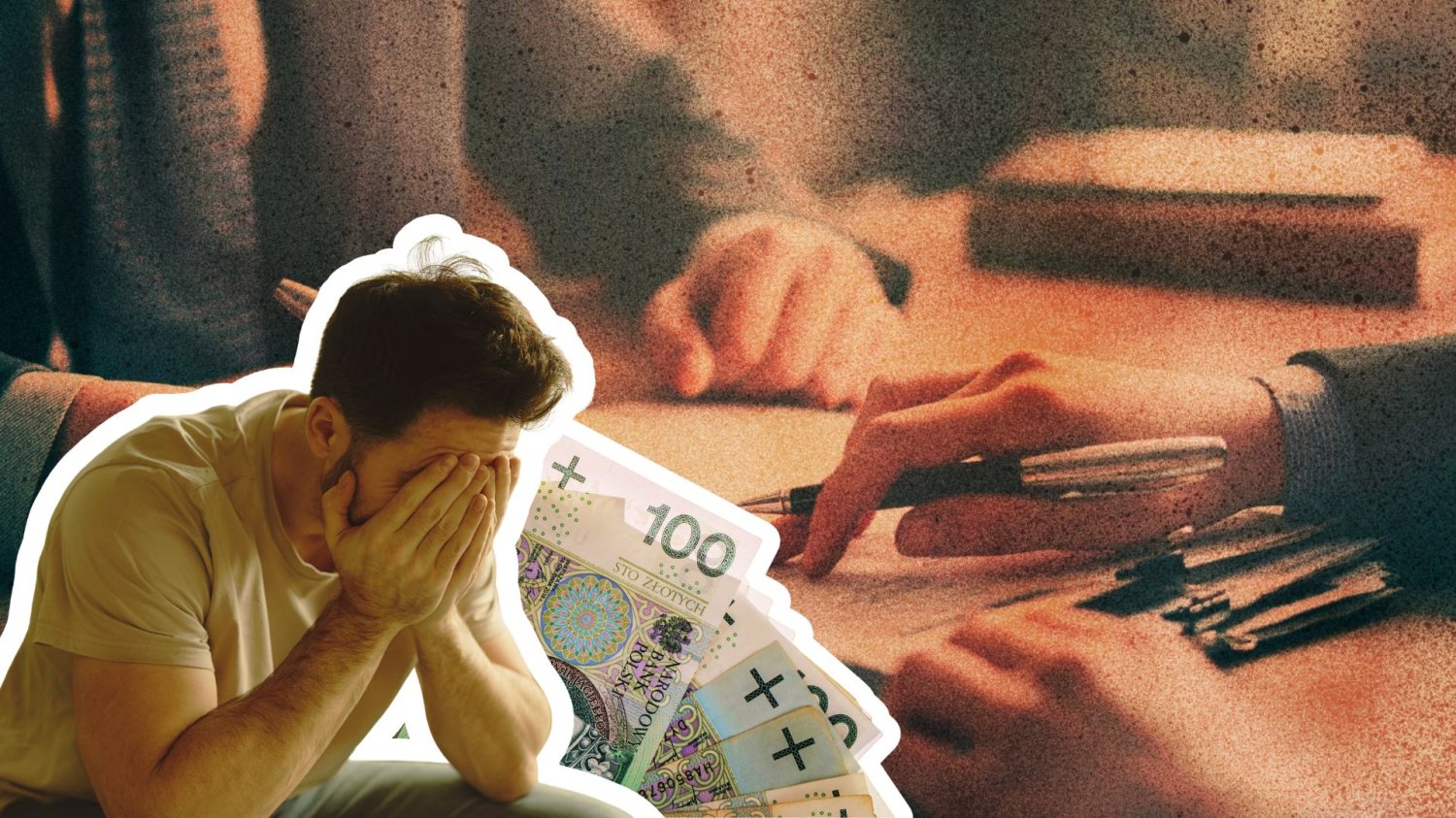Załamny człowiek na tle polskich banknotów i ludzi podpisujących dokument. Rewolucja w bankach? UOKiK żąda uproszczenia procedur spadkowych
